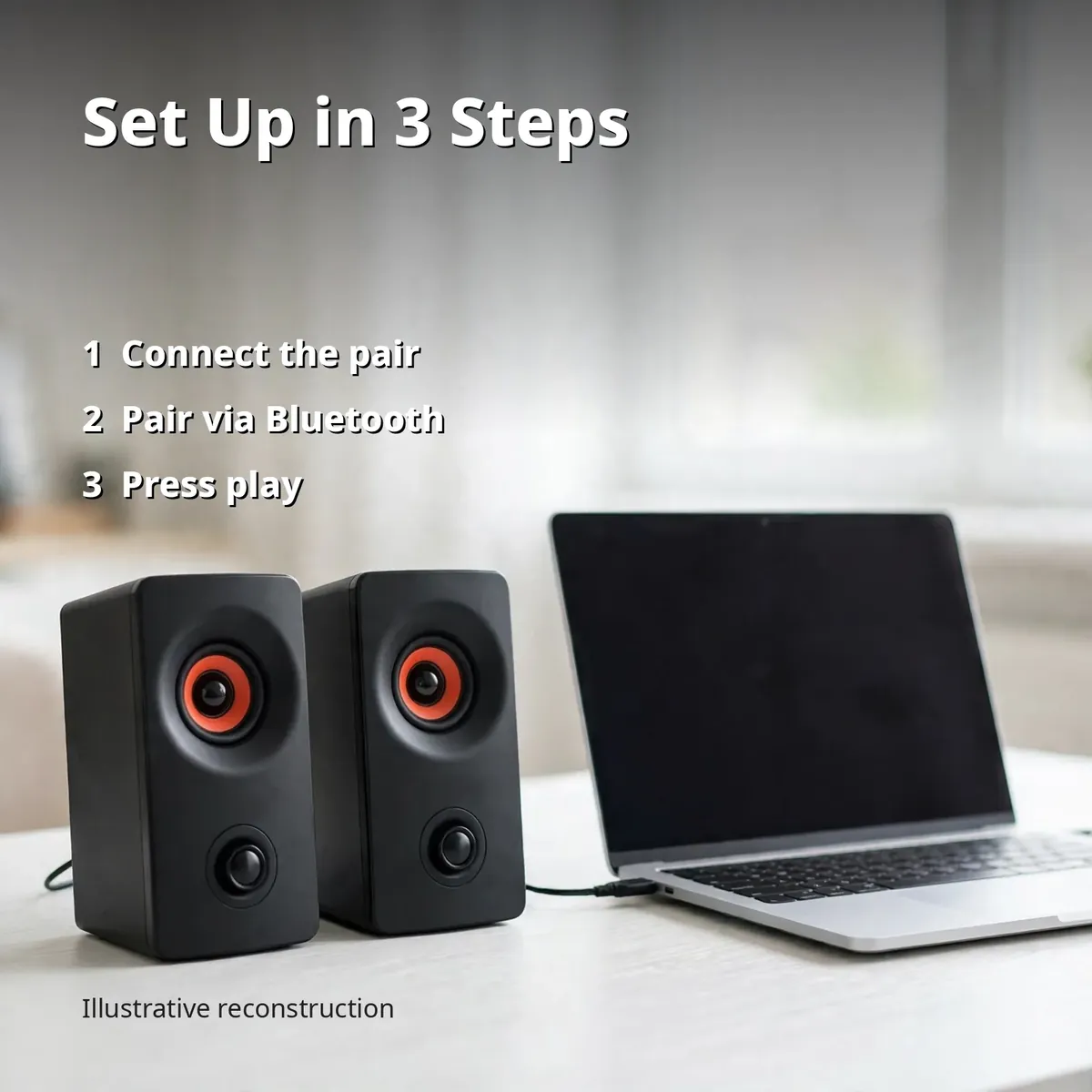Kisonli AC-9002BT set-up guide showing three steps — connect the pair, pair via Bluetooth, press play — beside a laptop