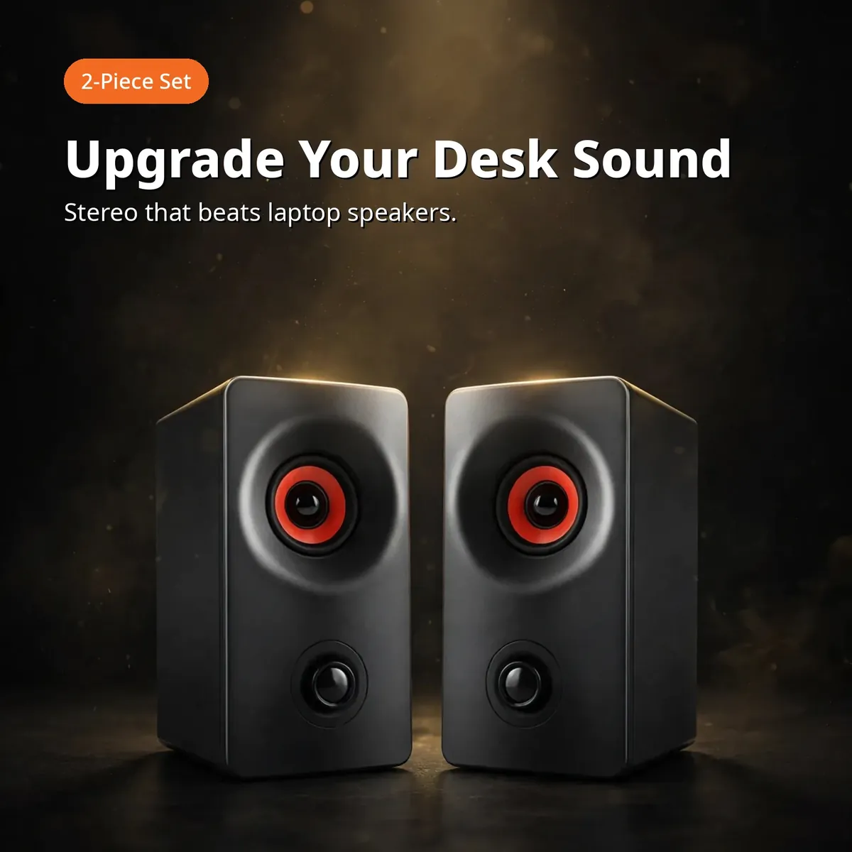 Kisonli AC-9002BT desk upgrade promo showing the black tower speaker pair with red driver rings on a dark-gold studio backdrop