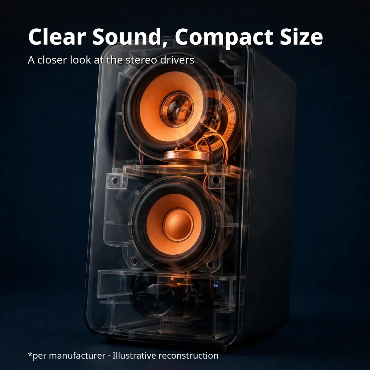 Kisonli AC-9002BT x-ray style driver close-up showing the glowing stereo drivers — Clear Sound, Compact Size
