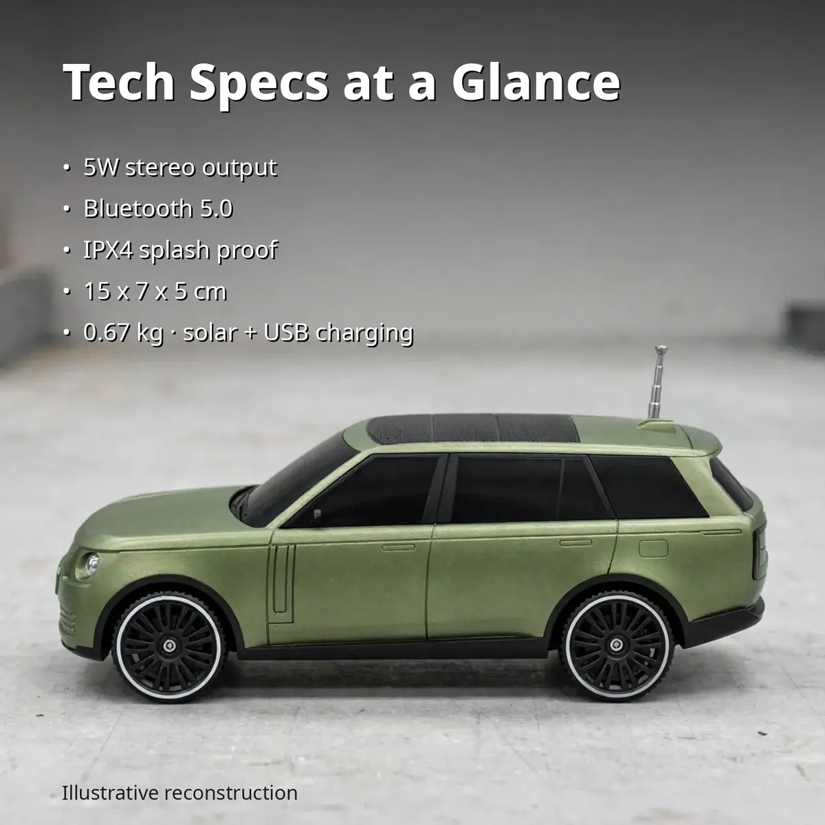 Kisonli B3 tech specs card showing 5W stereo, Bluetooth 5.0, IPX4, 15 by 7 by 5 cm and 0.67 kg