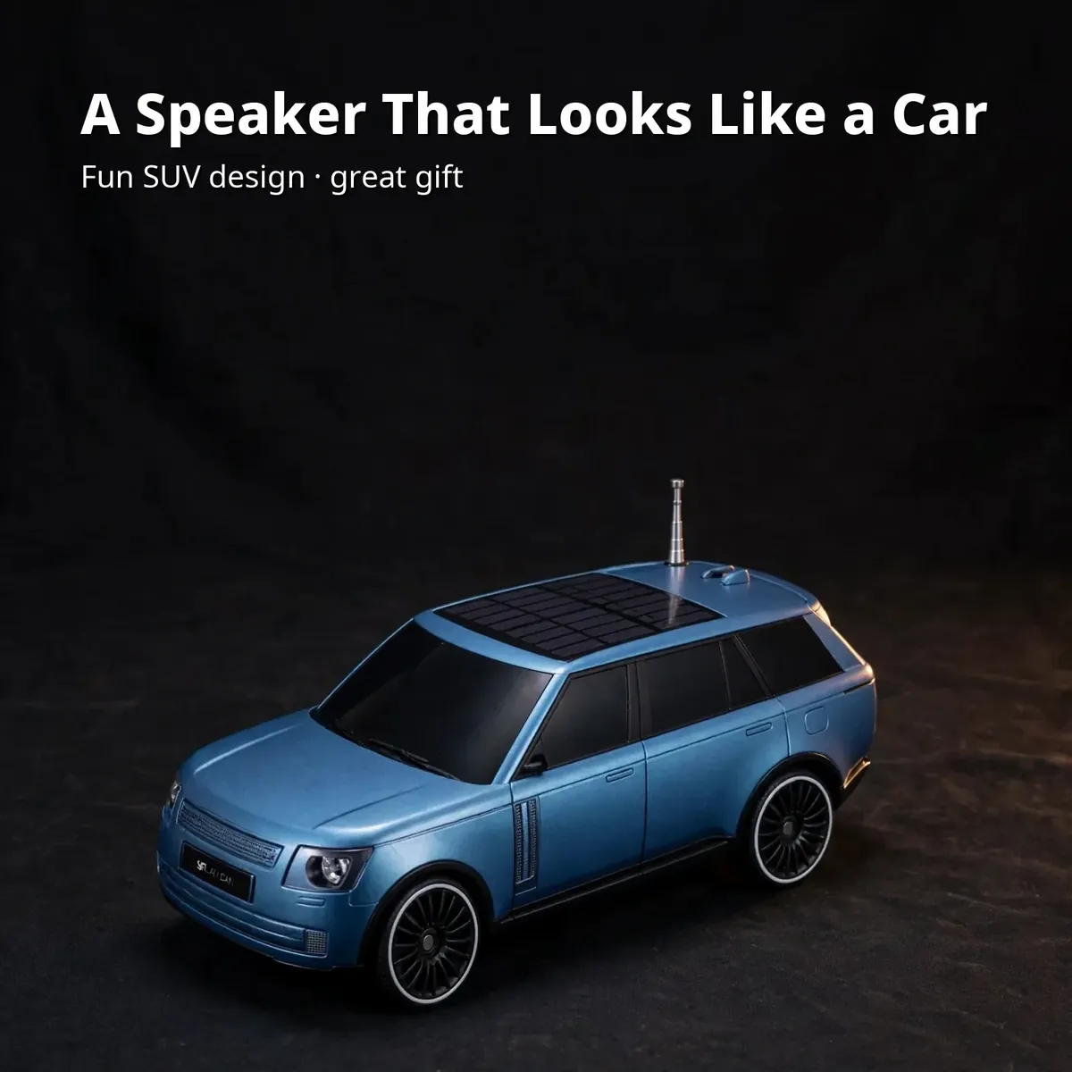 Kisonli B3 Blue design card showing the blue SUV car-shaped speaker with solar roof panel on dark studio backdrop