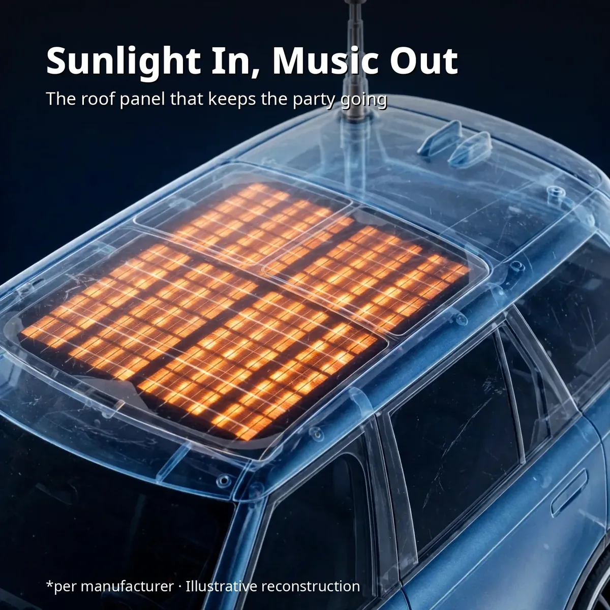 Illustrative x-ray of the Kisonli B3 Blue showing the glowing roof solar cell layer