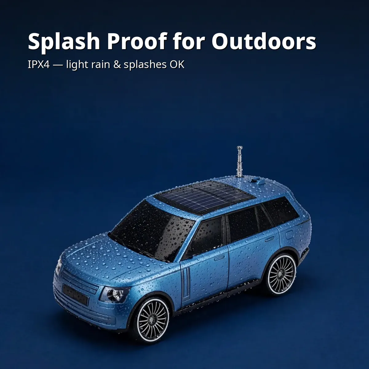 Kisonli B3 Blue splash-proof card showing water droplets on the blue car body with IPX4 callout