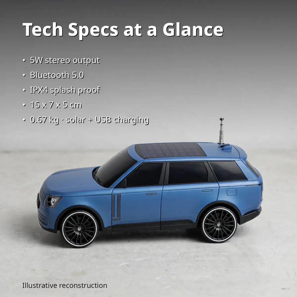 Kisonli B3 Blue spec card listing verified 5W stereo, Bluetooth 5.0, IPX4, 15 x 7 x 5 cm and 0.67 kg callouts