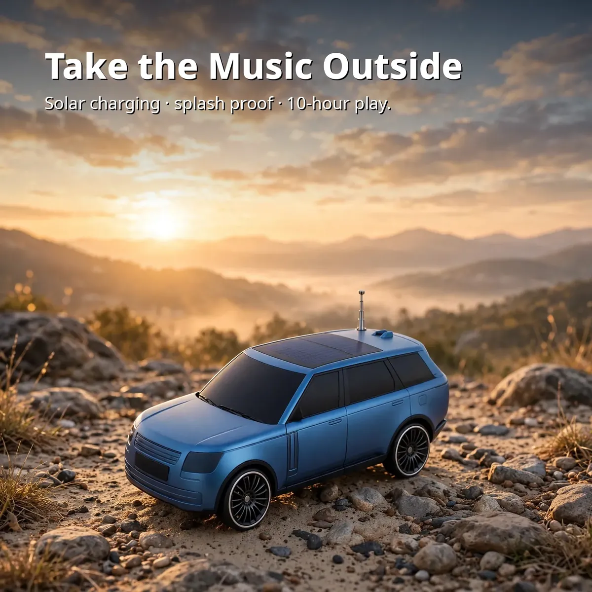 Kisonli B3 Blue outdoor promo at sunrise with solar charging and splash proof callouts
