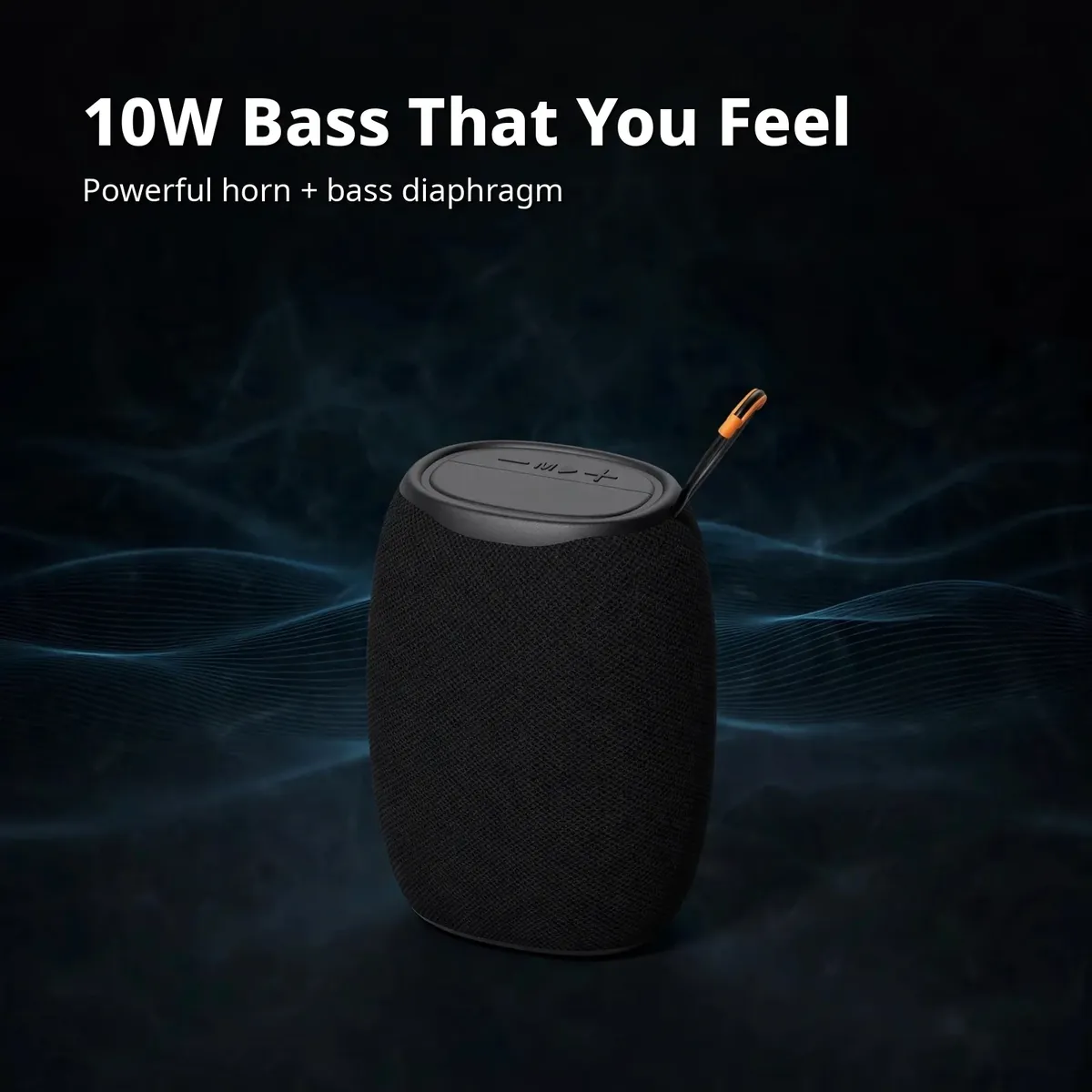 Kisonli K20 bass card showing the black fabric-mesh speaker with bass-wave motif on dark studio backdrop