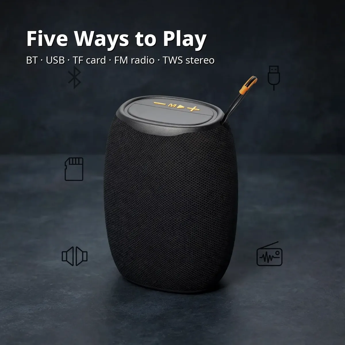Kisonli K20 modes card showing five ways to play — BT, USB, TF card, FM radio, TWS stereo — on dark studio backdrop