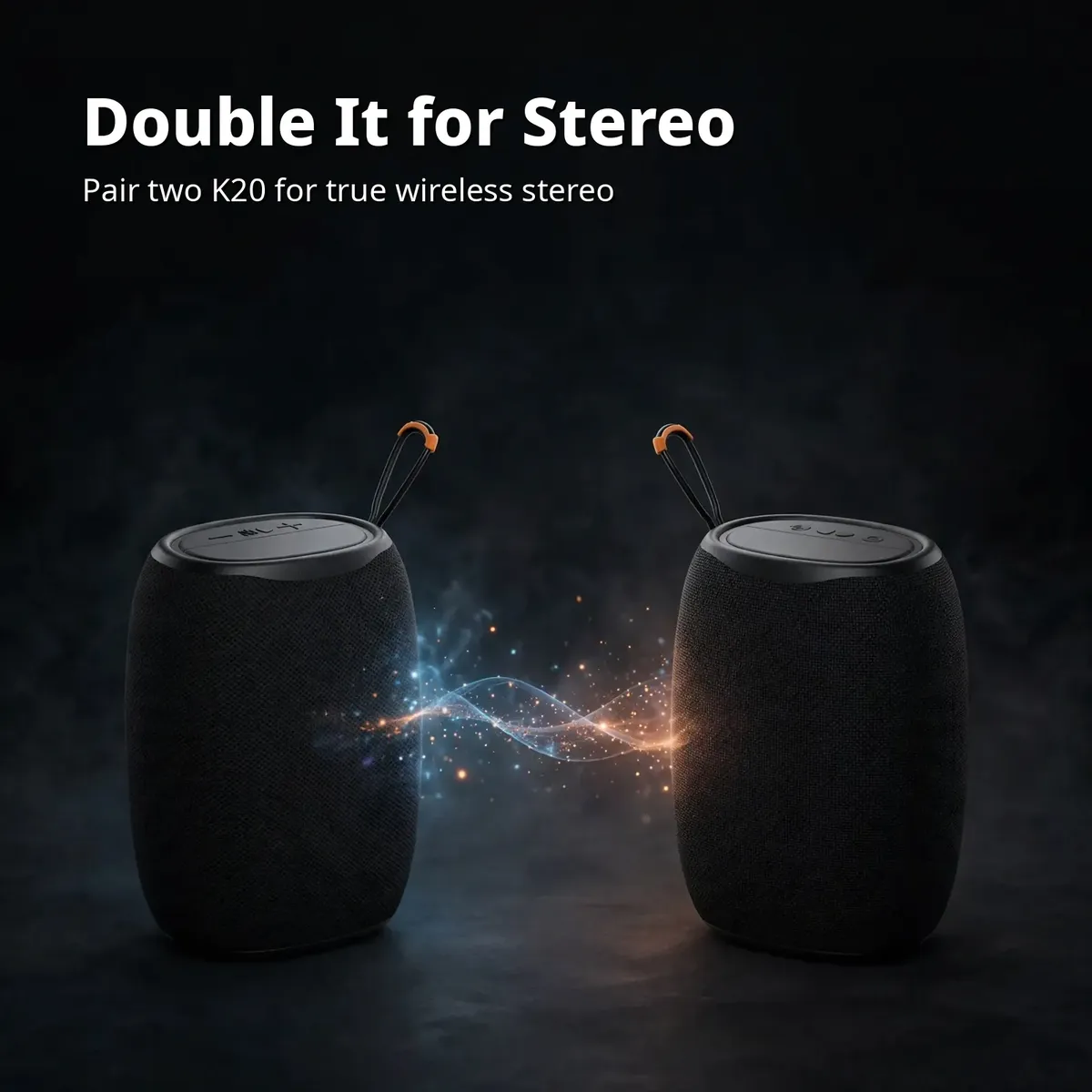 Kisonli K20 TWS card showing two black speakers paired wirelessly on dark studio backdrop