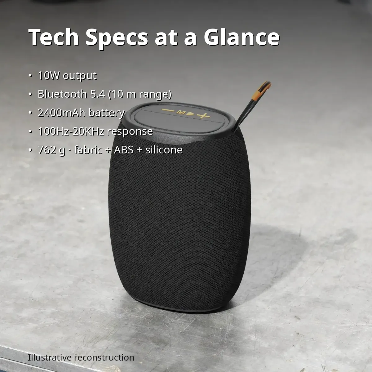Kisonli K20 tech-specs infographic showing 10W output, Bluetooth 5.4, 2400mAh battery, 100Hz–20KHz response and 762 g weight