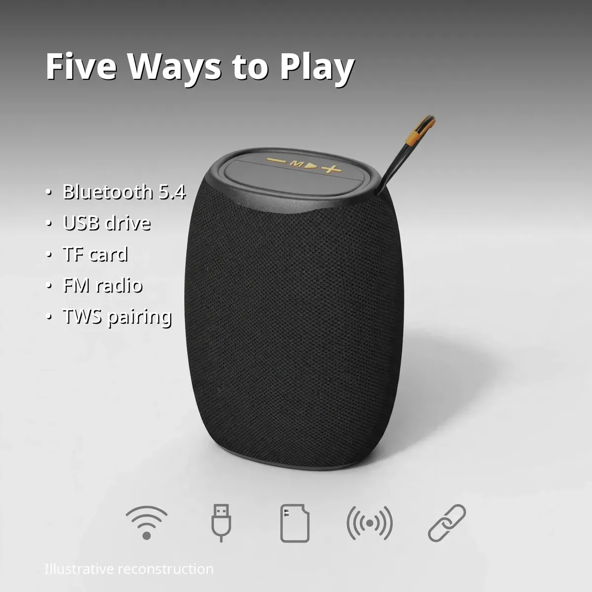 Kisonli K20 playback-modes infographic listing Bluetooth 5.4, USB drive, TF card, FM radio and TWS pairing