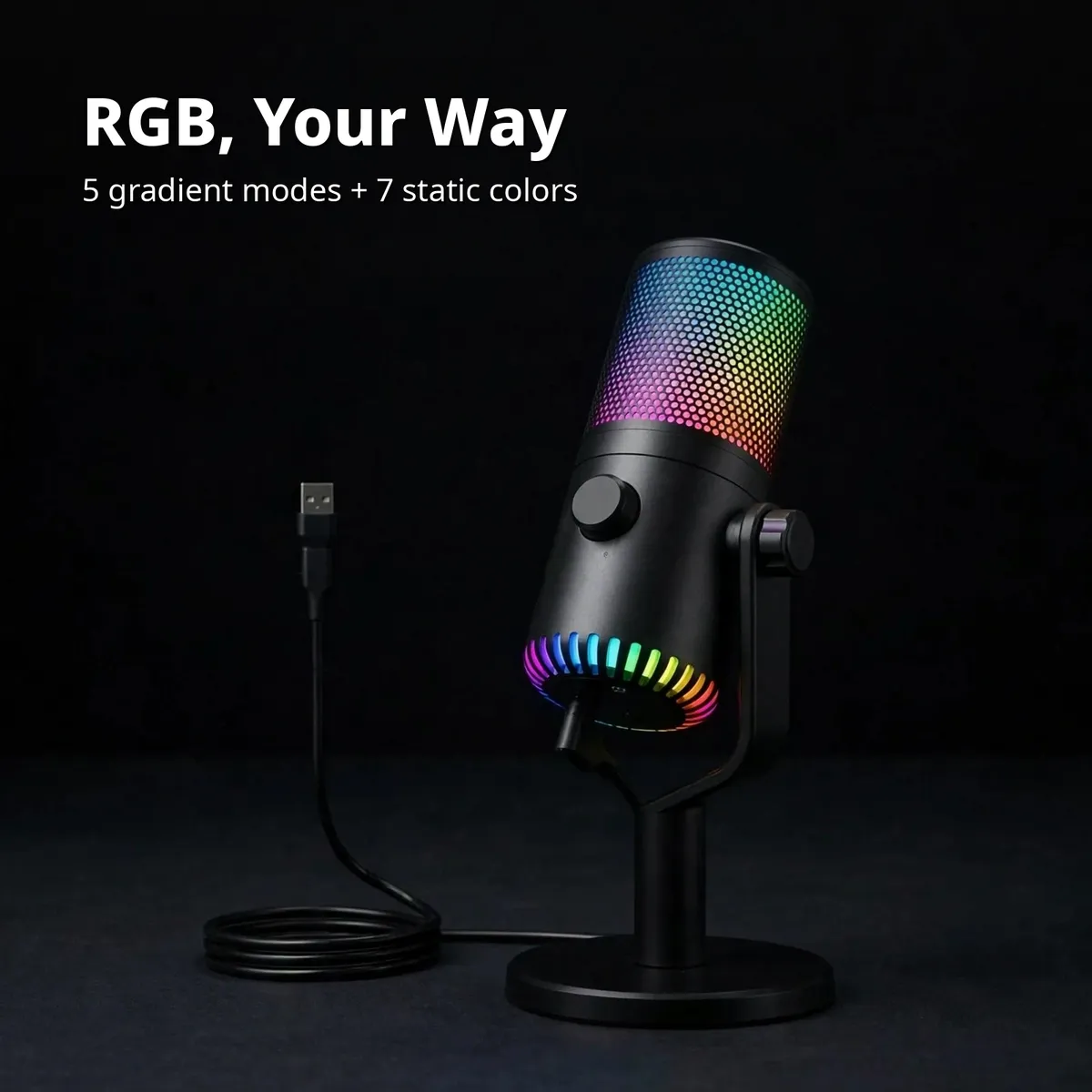 Maono DM30 feature card showing the glowing RGB mesh grille on a dark backdrop — RGB, Your Way. 5 gradient modes + 7 static colors, software synced.