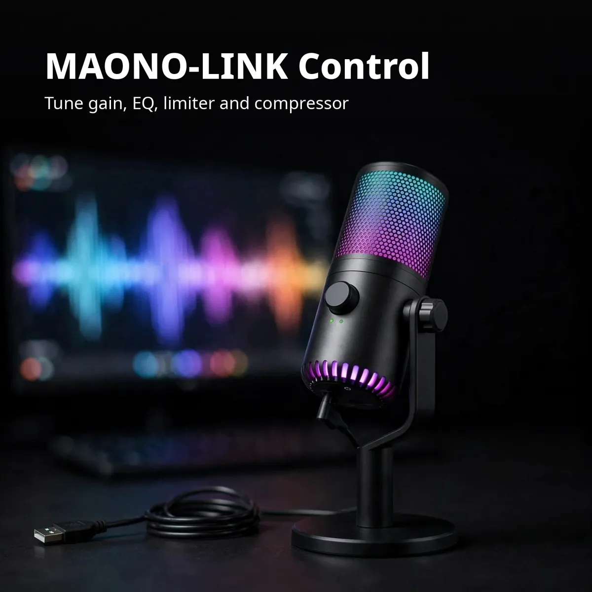 Maono DM30 feature card showing the microphone beside a stylized MAONO-LINK software panel — MAONO-LINK Control. Tune gain, EQ, limiter and compressor.