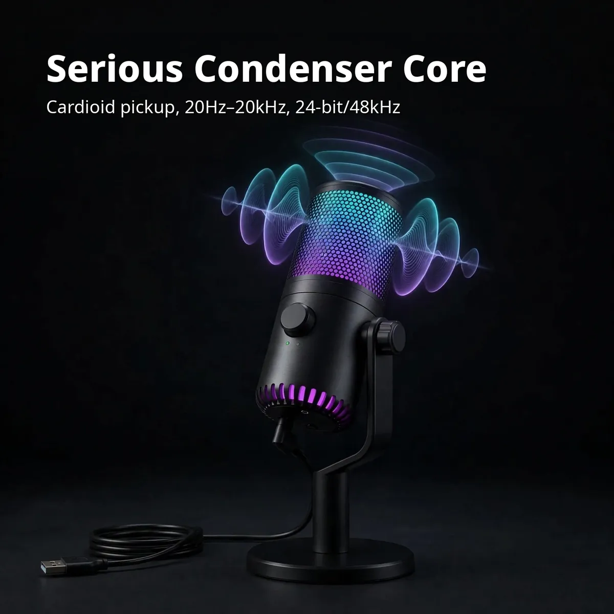 Maono DM30 feature card showing the all-metal condenser body detail — Serious Condenser Core. Cardioid pickup, 20Hz–20kHz, 24-bit/48kHz.