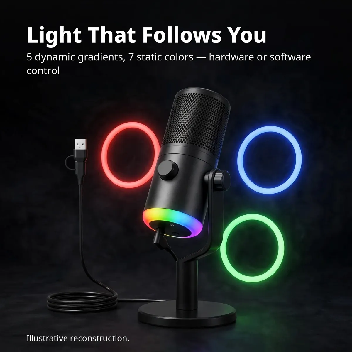 Maono DM30 infographic showing the glowing RGB grille with gradient and static color swatches — Light That Follows You. 5 dynamic gradients, 7 static colors — hardware or software control. Illustrative reconstruction.