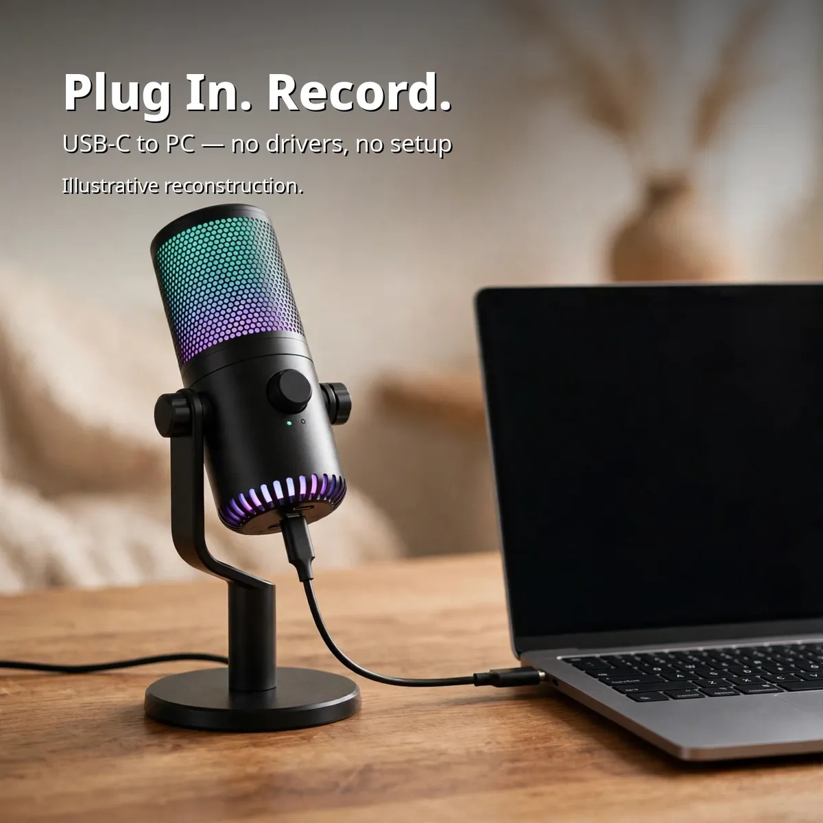Maono DM30 infographic showing the USB-C connection path from the microphone to a computer — Plug In. Record. USB-C plug and play — no drivers, no setup. Illustrative reconstruction.