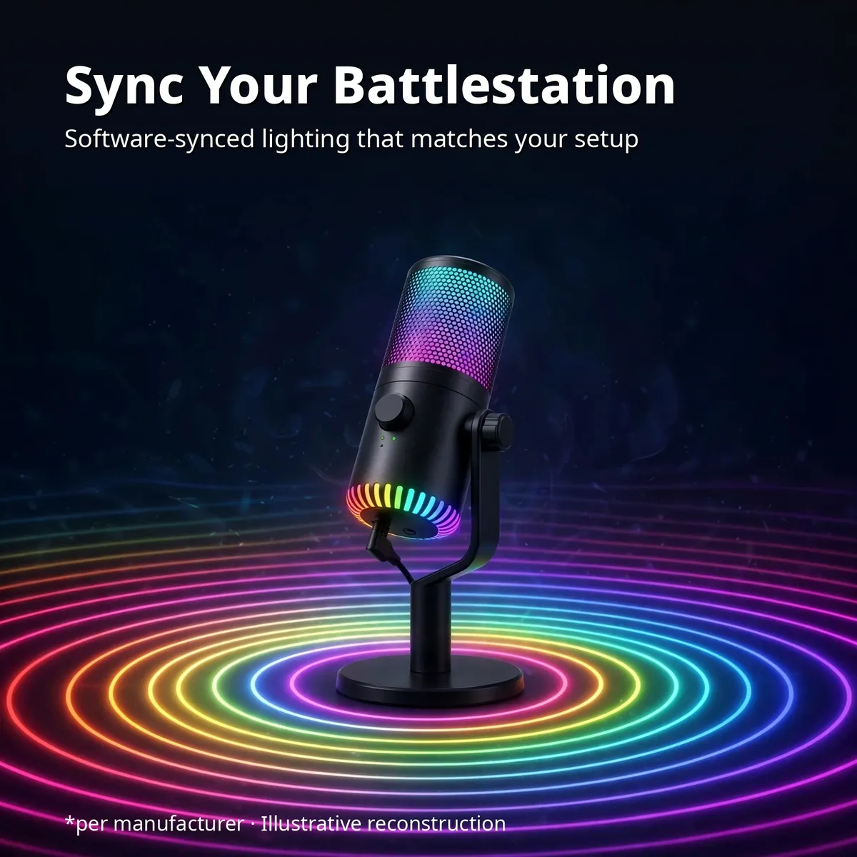 Maono DM30 x-ray close-up of the glowing capsule synced through software — Sync Your Battlestation. Software-synced lighting that matches your setup. Illustrative reconstruction.