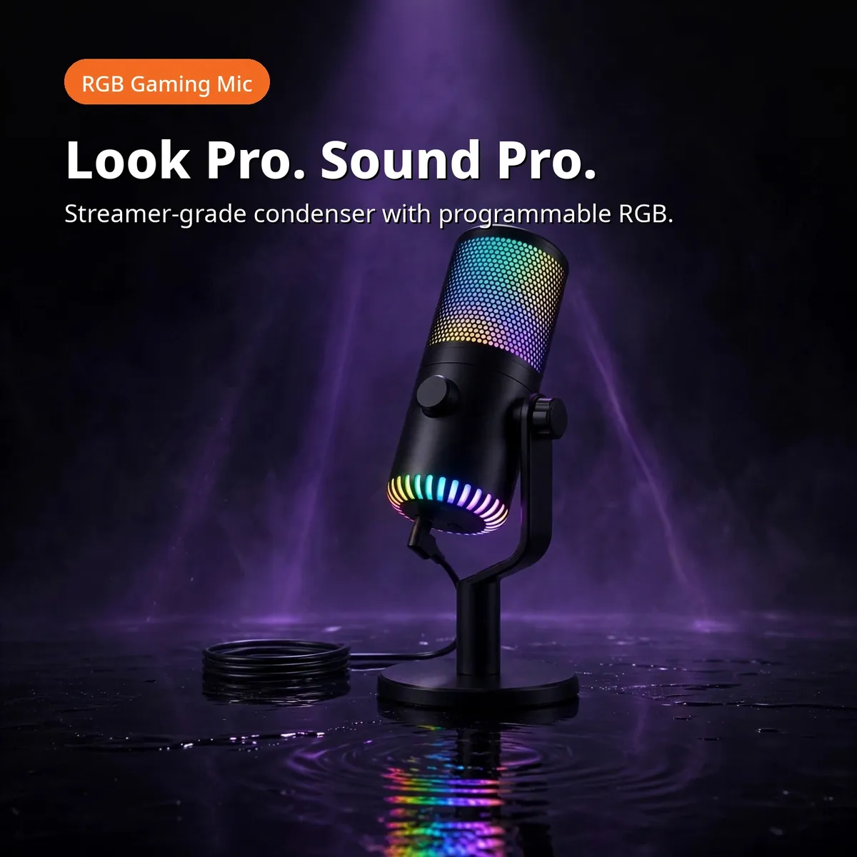 Maono DM30 promo hero showing the glowing microphone on a dark purple backdrop — Look Pro. Sound Pro. Streamer-grade condenser with programmable RGB.