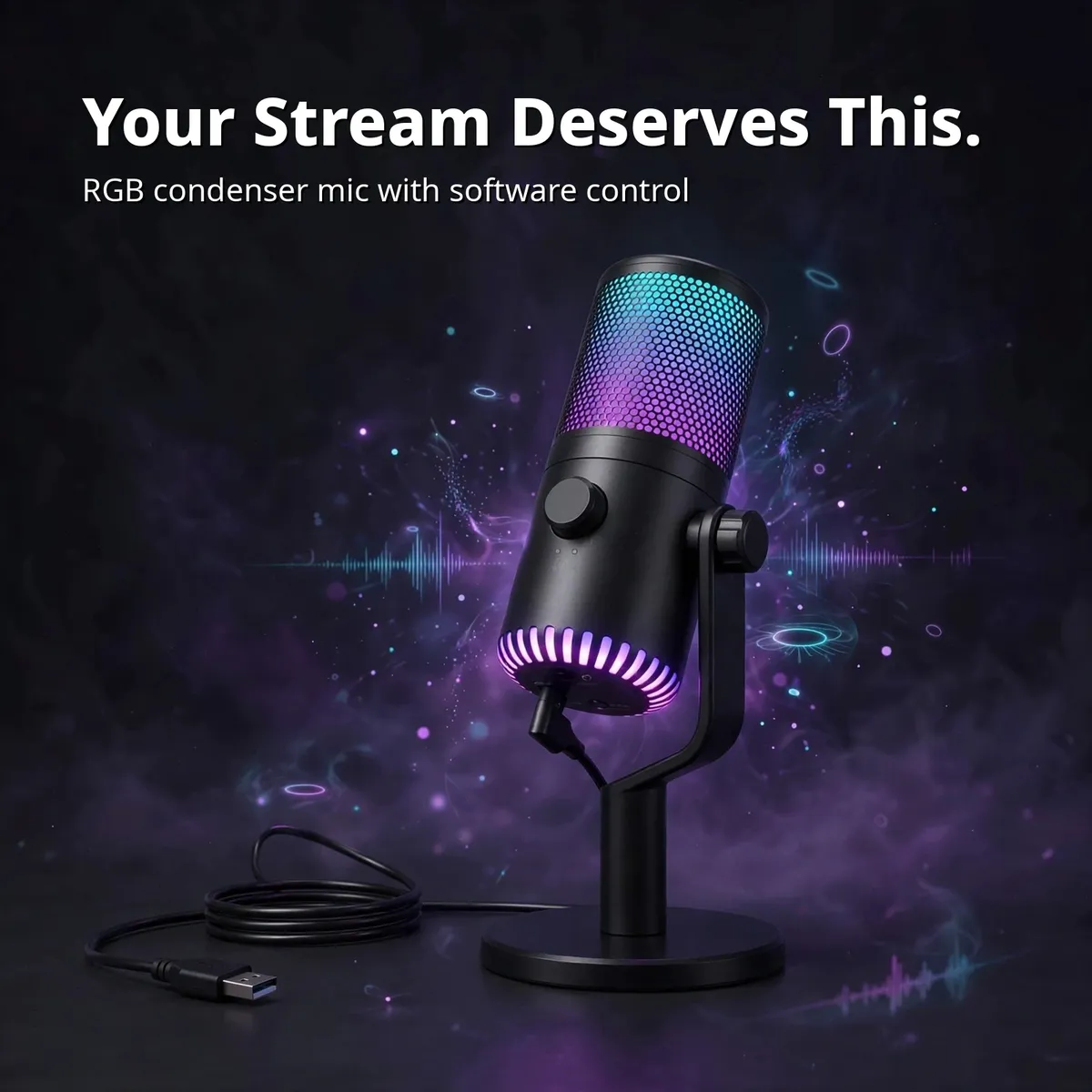 Maono DM30 promo card showing the microphone with a gaming setup — Your Stream Deserves This. RGB condenser mic with software control.
