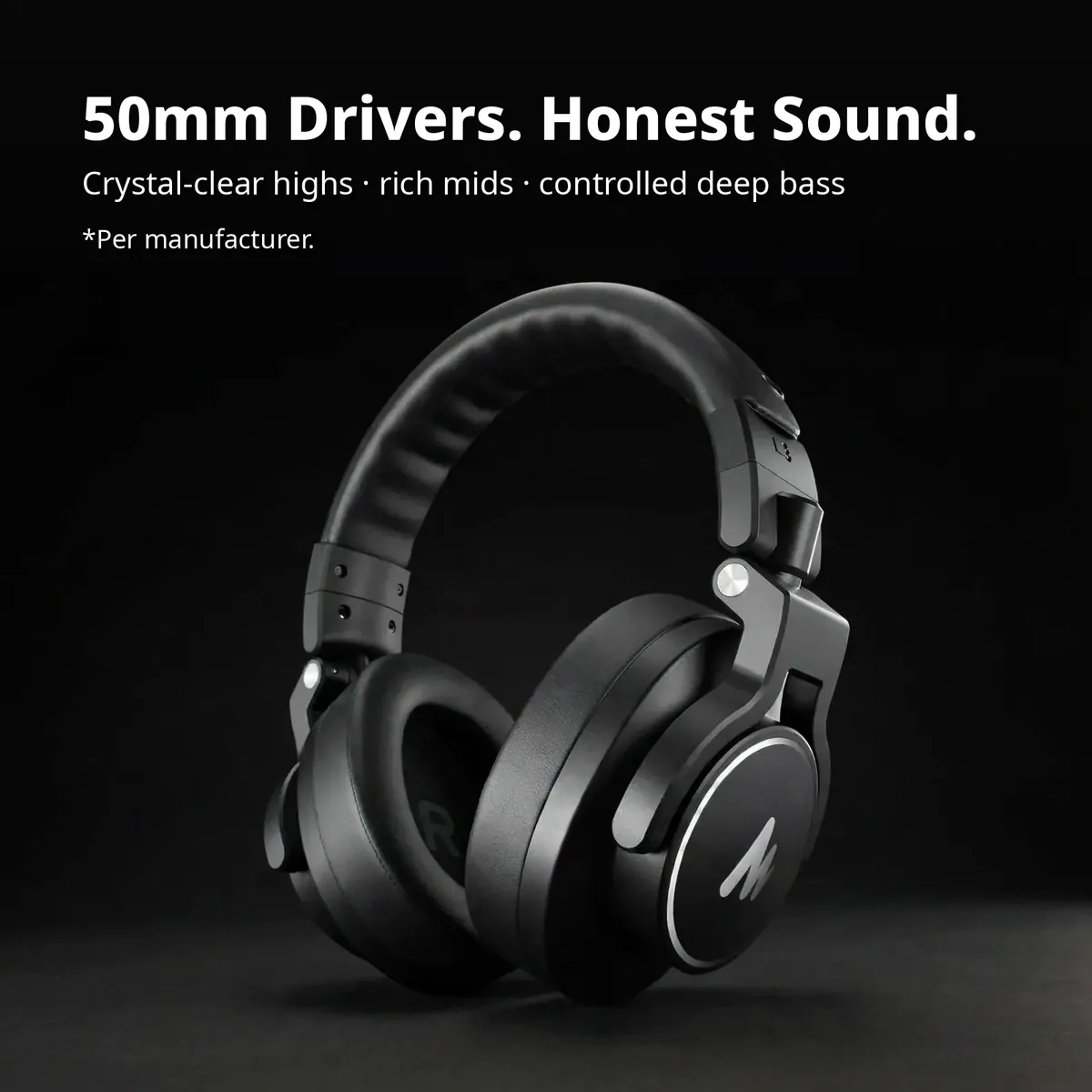 MAONO MH700 Black feature card showing the black headphones on a dark studio backdrop — 50mm Drivers. Honest Sound. Crystal-clear highs, rich mids, controlled deep bass.