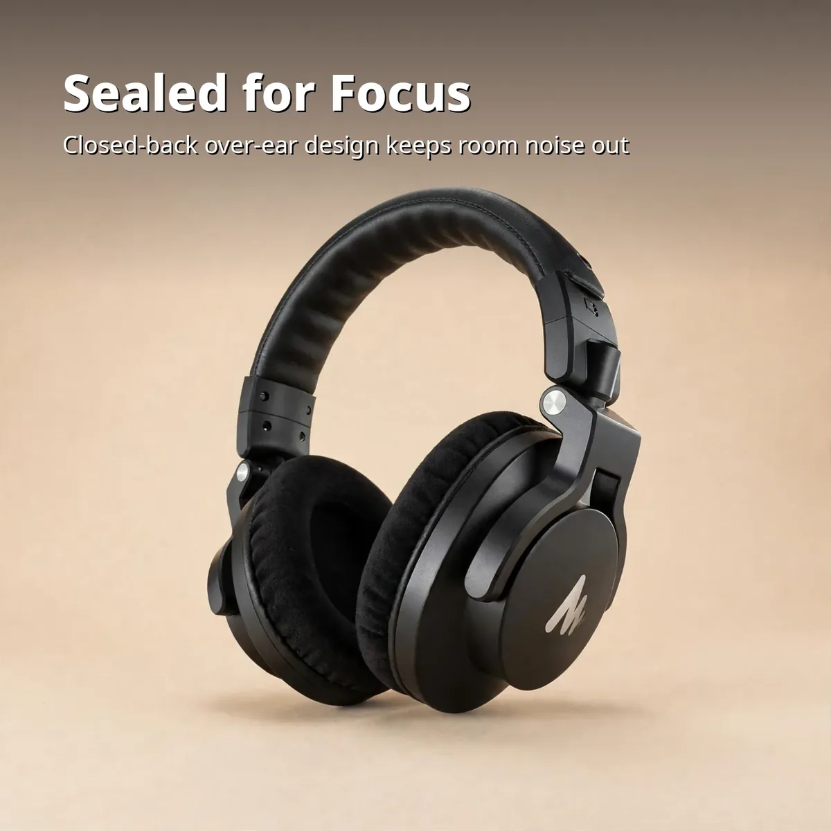 MAONO MH700 Black isolation card showing the black headphones — Sealed for Focus. Closed-back over-ear design keeps room noise out.