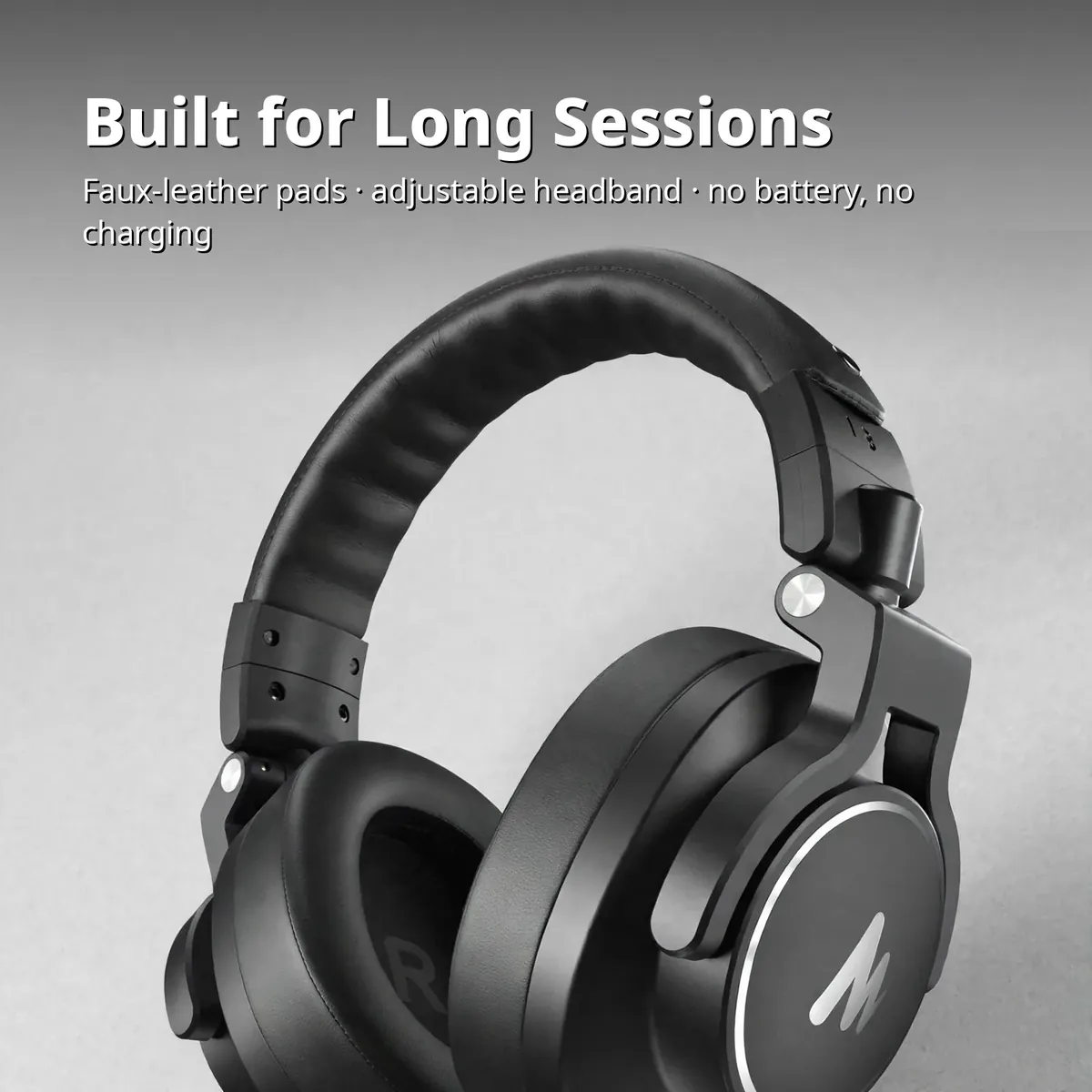 MAONO MH700 Black comfort card showing the black headphones — Built for Long Sessions. Faux-leather pads, adjustable headband, no battery, no charging.