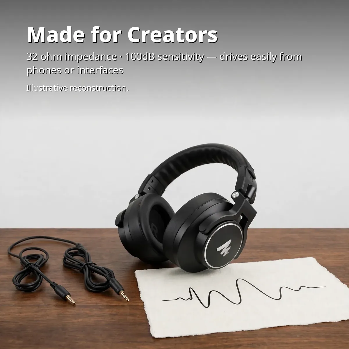 MAONO MH700 Black creator infographic showing the black headphones with detachable 3.5mm cables — Made for Creators. 32 ohm impedance, 100dB sensitivity, drives easily from phones or interfaces. Illustrative reconstruction.