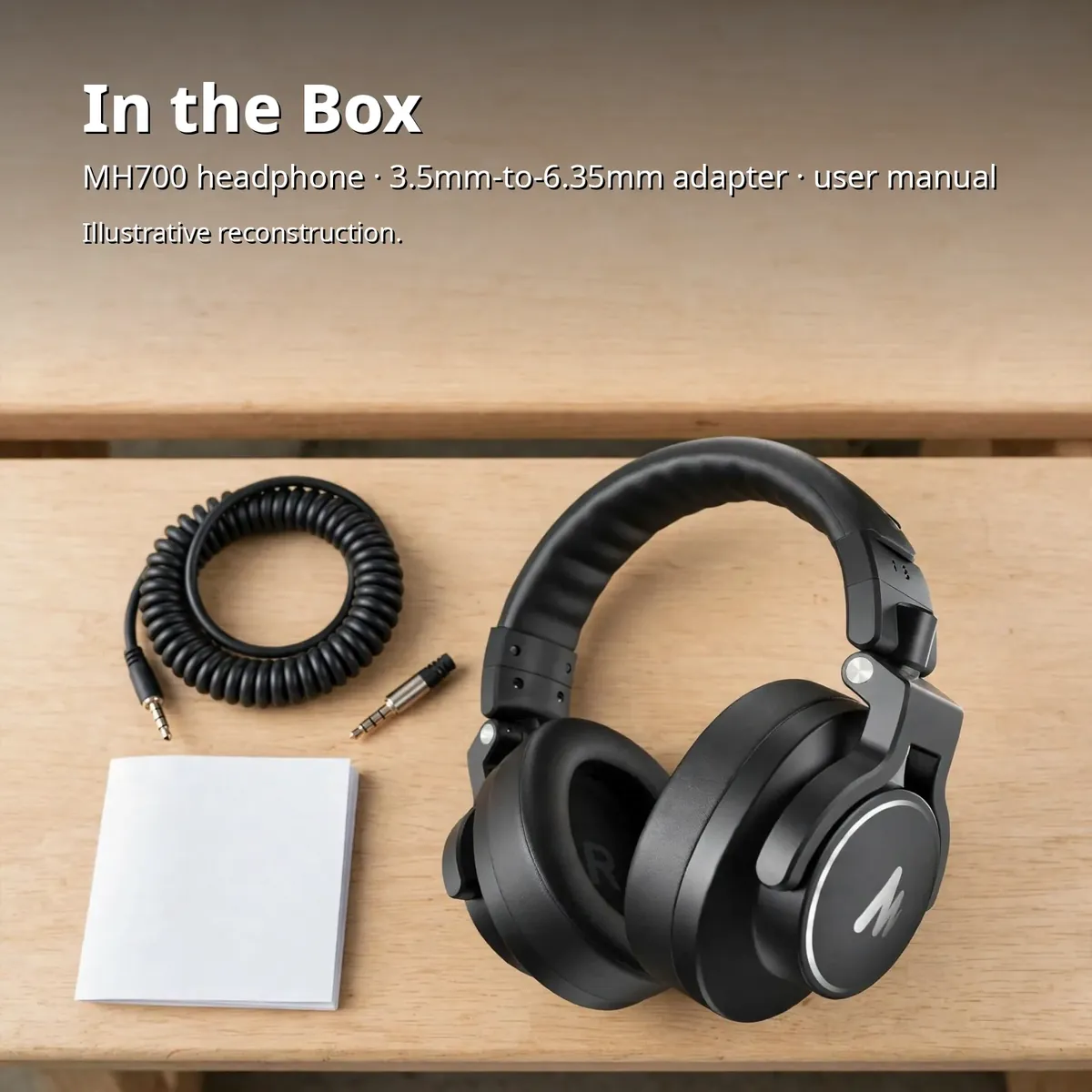 MAONO MH700 Black box-contents infographic showing the headphones, coiled cable, adapter and manual — In the Box. MH700 headphone, 3.5mm-to-6.35mm adapter, user manual. Illustrative reconstruction.