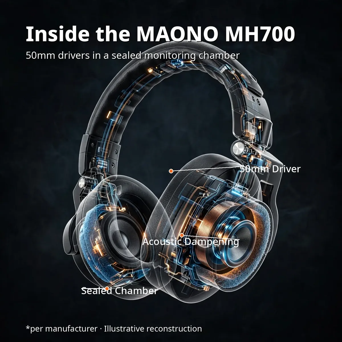 MAONO MH700 Black x-ray cutaway showing the glowing 50mm driver, voice coil and acoustic dampening with leader-line callouts — Inside the MAONO MH700. 50mm drivers in a sealed monitoring chamber. Illustrative reconstruction.