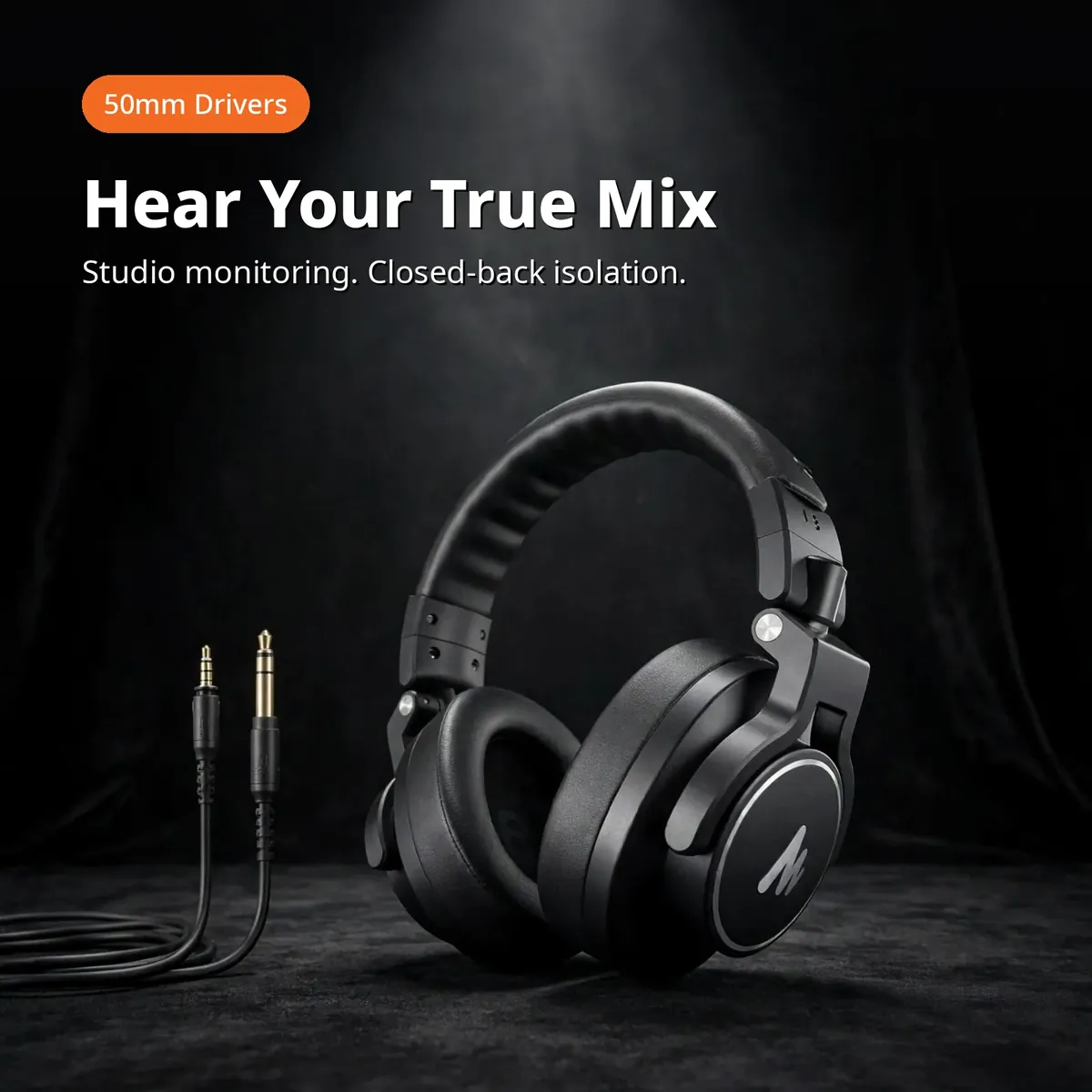 MAONO MH700 Black promo hero showing the black headphones with 3.5mm and 6.35mm plugs — Hear Your True Mix. Studio monitoring, closed-back isolation.