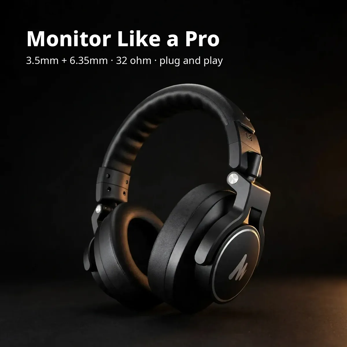 MAONO MH700 Black promo card showing the black headphones — Monitor Like a Pro. 3.5mm + 6.35mm, 32 ohm, plug and play.