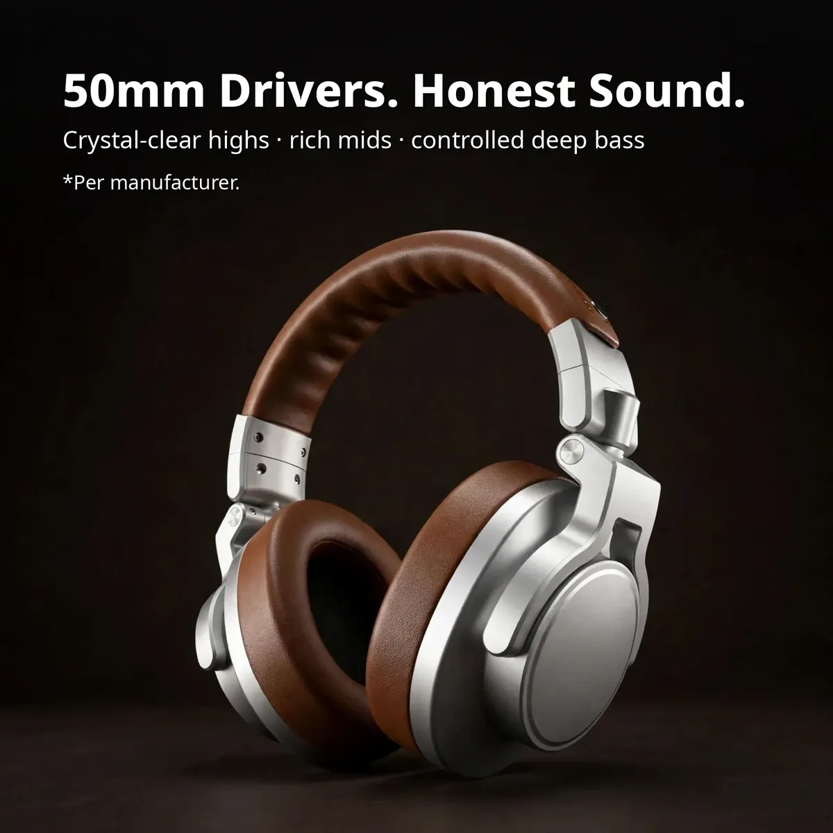 MAONO MH700 Brown driver card showing the brown over-ear headphone on a dark studio backdrop — 50mm Drivers. Honest Sound. Crystal-clear highs, rich mids, controlled deep bass.