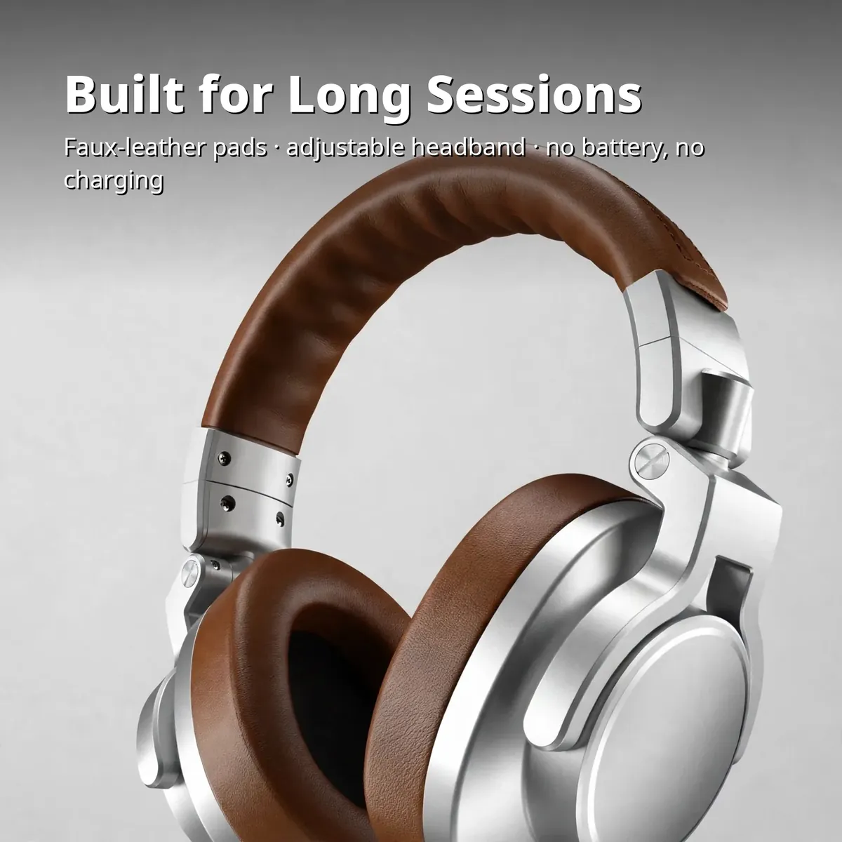 MAONO MH700 Brown comfort card showing a close-up of the padded brown faux-leather headband — Built for Long Sessions. Faux-leather pads, adjustable headband, no battery, no charging.