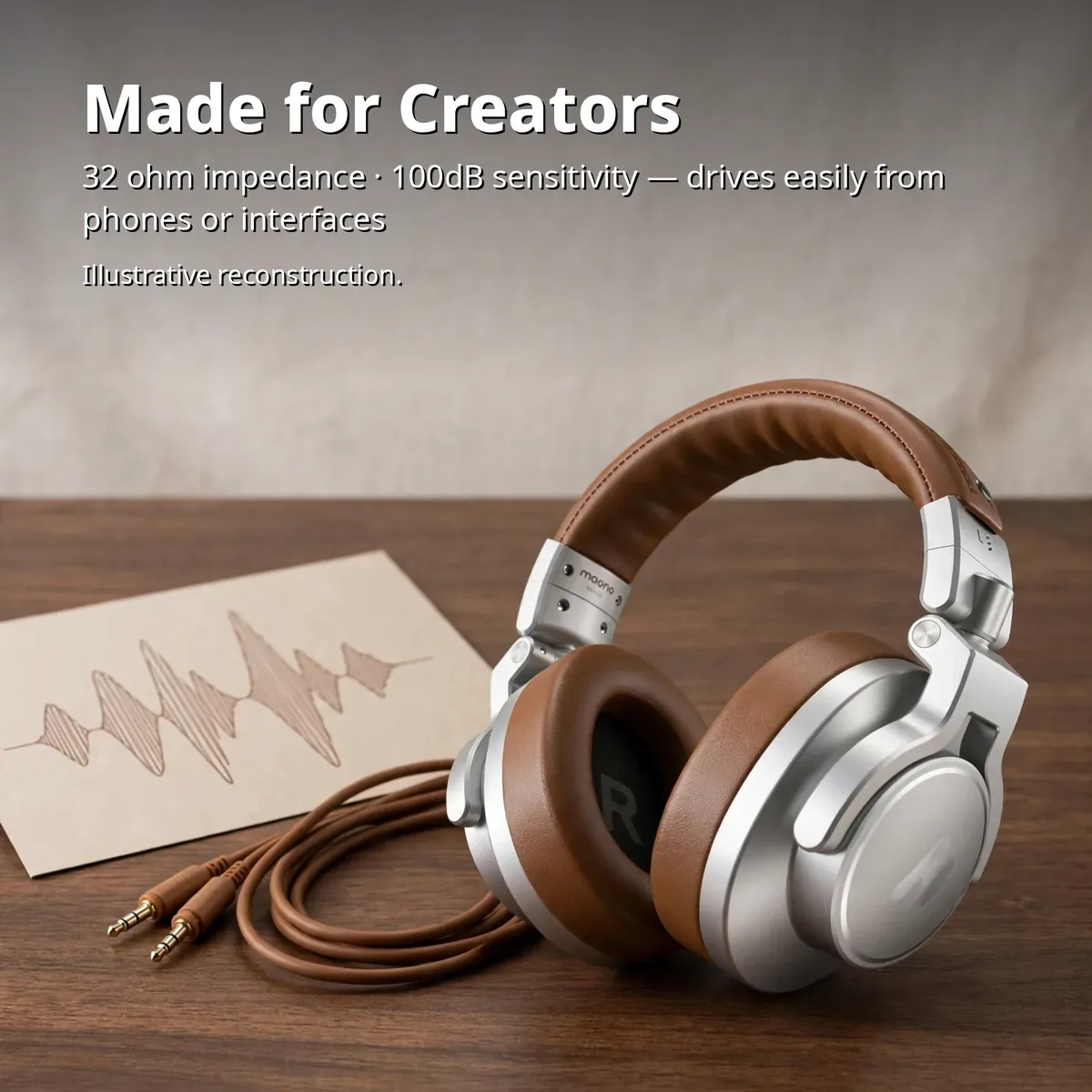 MAONO MH700 Brown creator infographic showing the brown headphone with its detachable cable beside a waveform sketch — Made for Creators. 32 ohm impedance, 100dB sensitivity, drives easily from phones or interfaces. Illustrative reconstruction.
