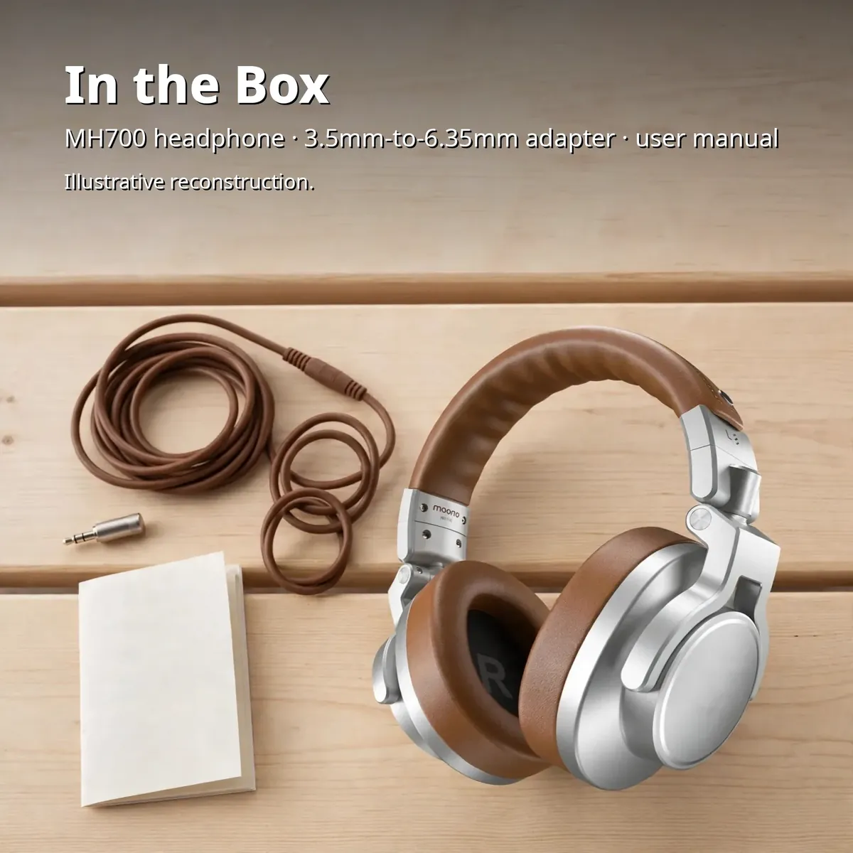 MAONO MH700 Brown box-contents infographic showing the brown headphone with its cable, 3.5mm-to-6.35mm adapter and user manual — In the Box. MH700 headphone, 3.5mm-to-6.35mm adapter, user manual. Illustrative reconstruction.