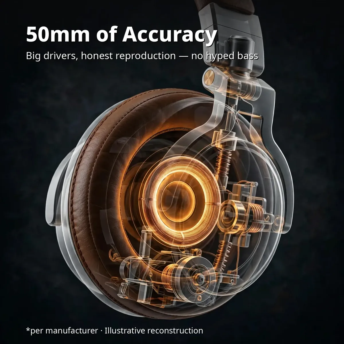 MAONO MH700 Brown x-ray close-up of the glowing 50mm driver unit inside the brown earcup — 50mm of Accuracy. Big drivers, honest reproduction, no hyped bass. Illustrative reconstruction.
