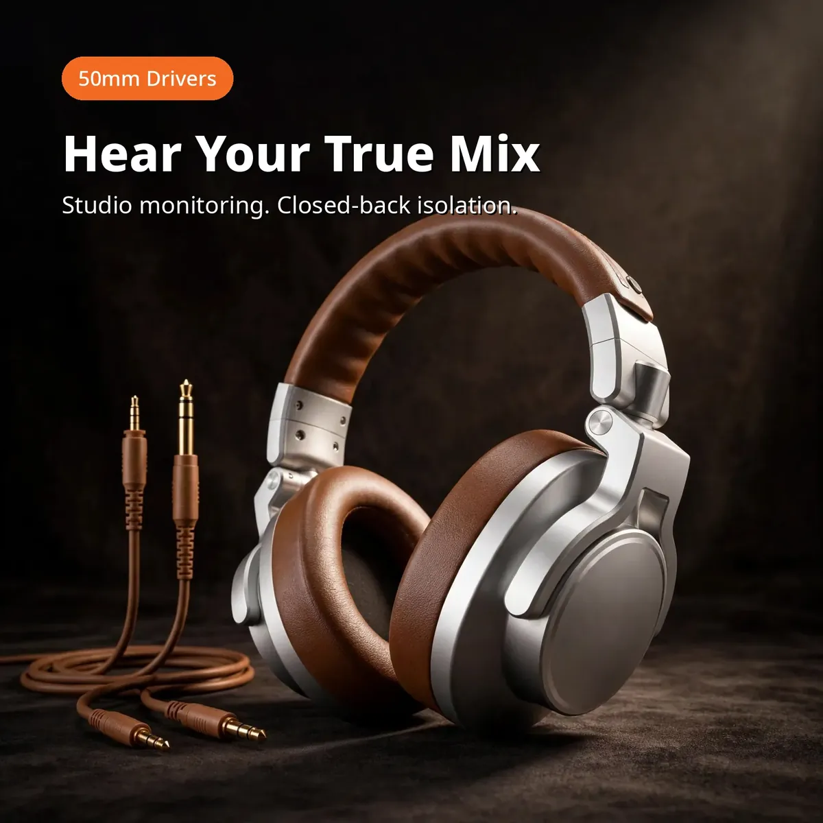 MAONO MH700 Brown promo visual of the brown headphone under a warm spotlight with its detachable cables — Hear Your True Mix. Studio monitoring, closed-back isolation, 50mm drivers.