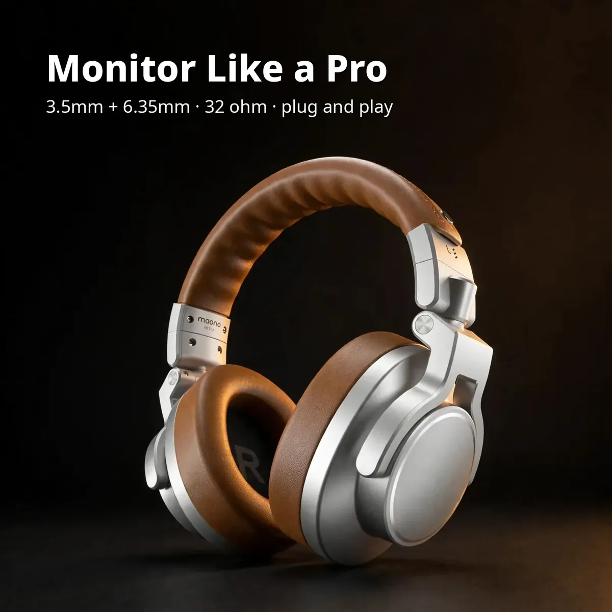MAONO MH700 Brown promo visual of the brown headphone on a dark backdrop — Monitor Like a Pro. 3.5mm + 6.35mm, 32 ohm, plug and play.