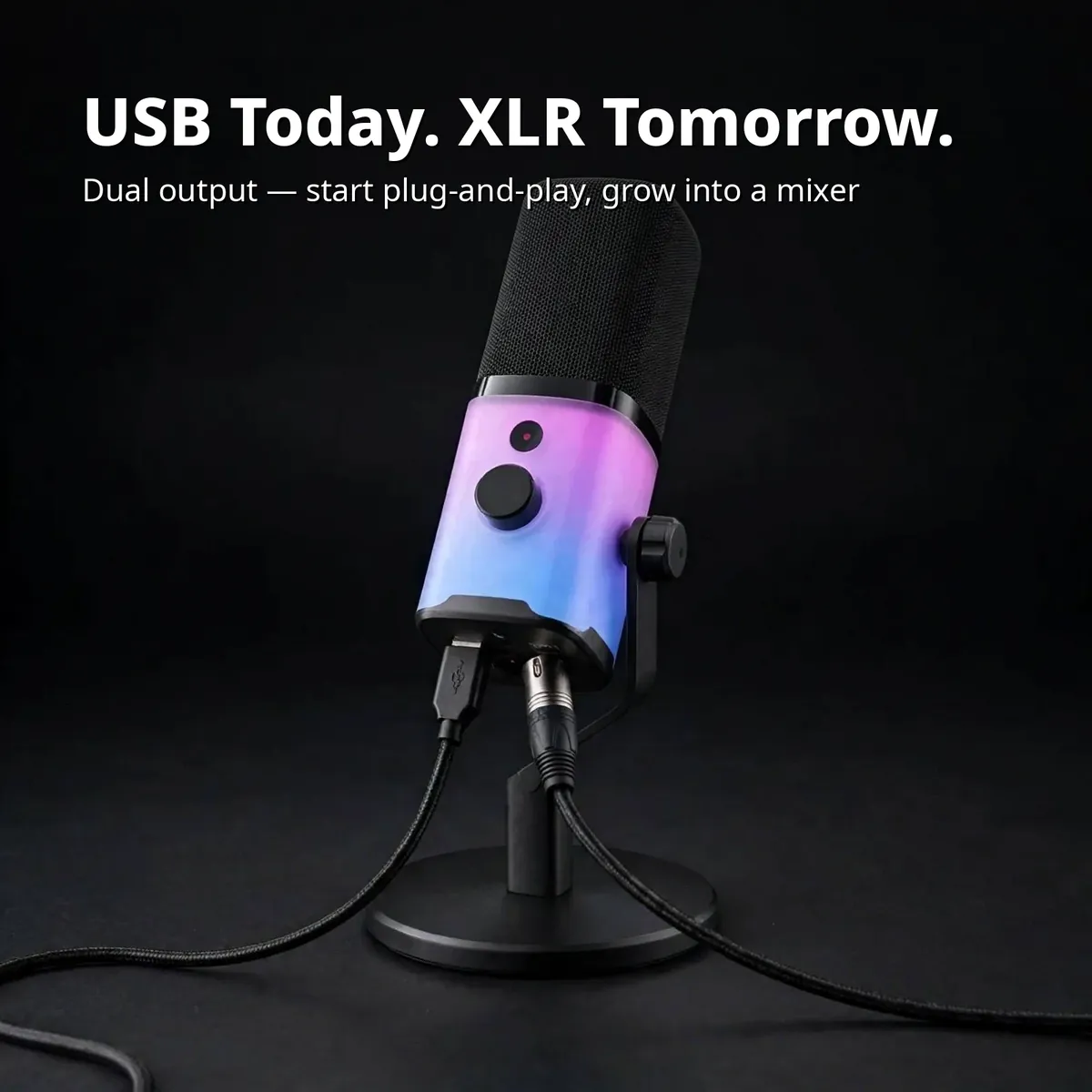 MAONO PD100X feature card showing the glowing RGB microphone with USB and XLR cables connected — USB Today. XLR Tomorrow. Dual output — start plug-and-play, grow into a mixer