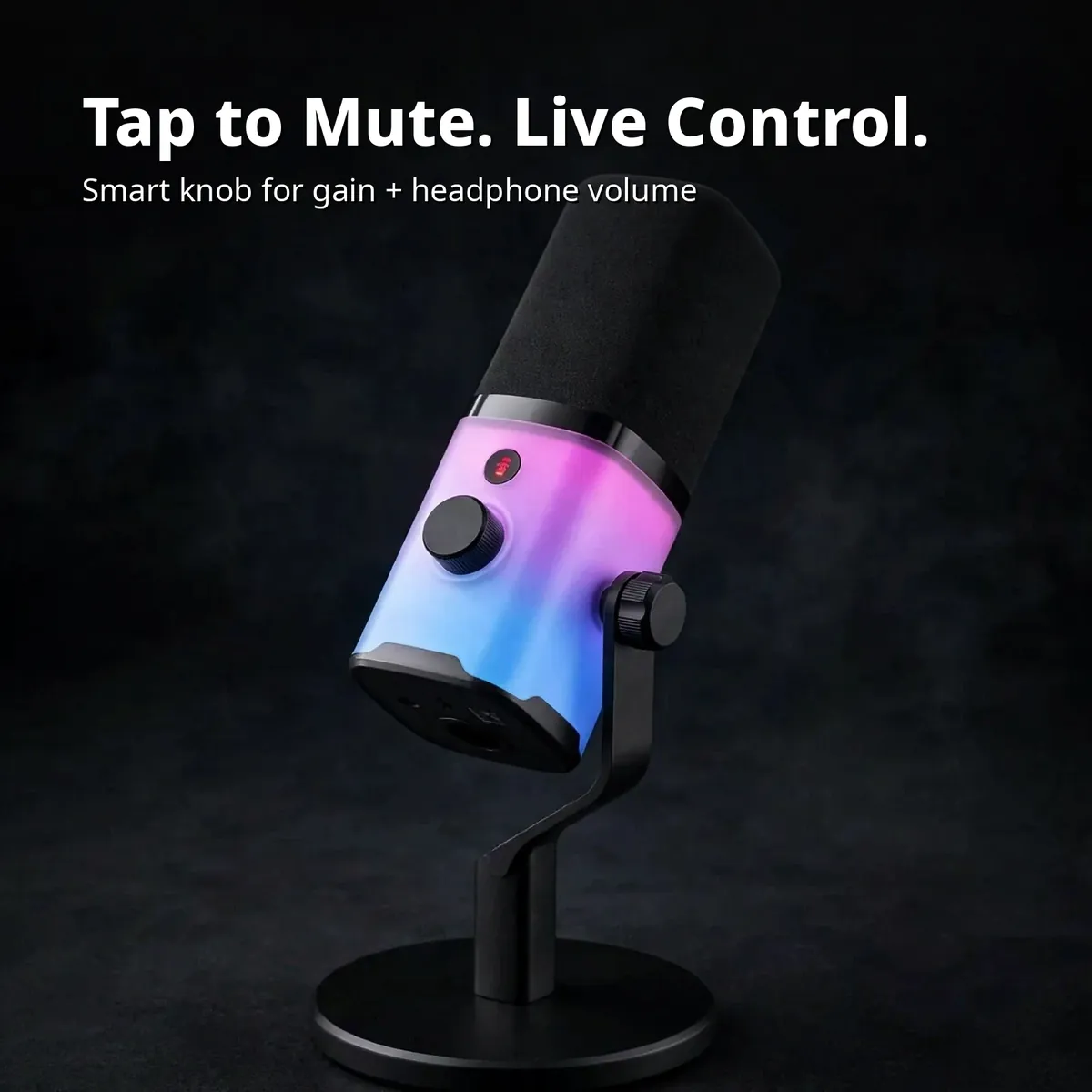 MAONO PD100X feature card showing the tap-to-mute button and 2-in-1 smart knob on the glowing microphone — Tap to Mute. Live Control. Smart knob for gain + headphone volume