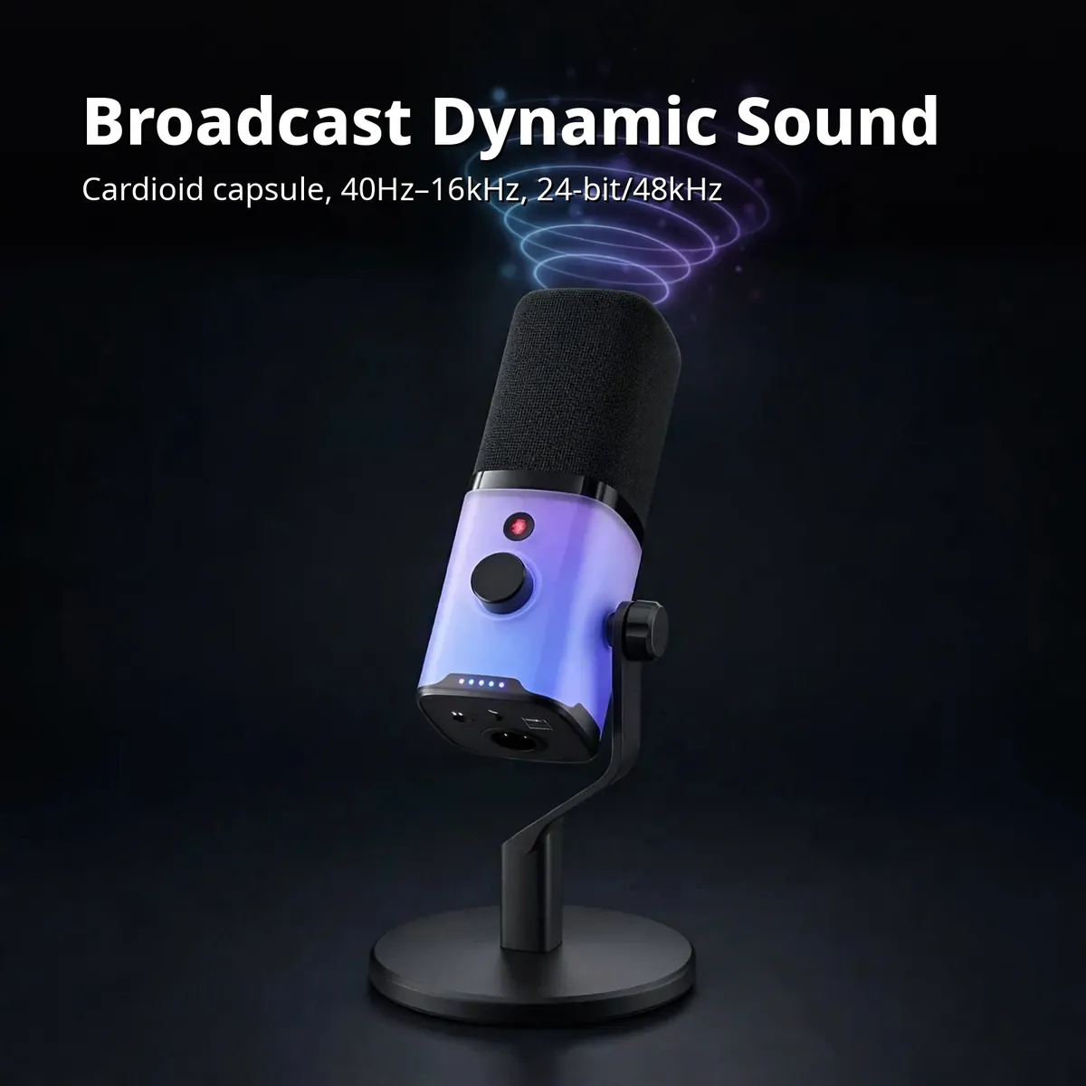 MAONO PD100X feature card showing the microphone with sound waves — Broadcast Dynamic Sound. Cardioid capsule, 40Hz–16kHz, 24-bit/48kHz