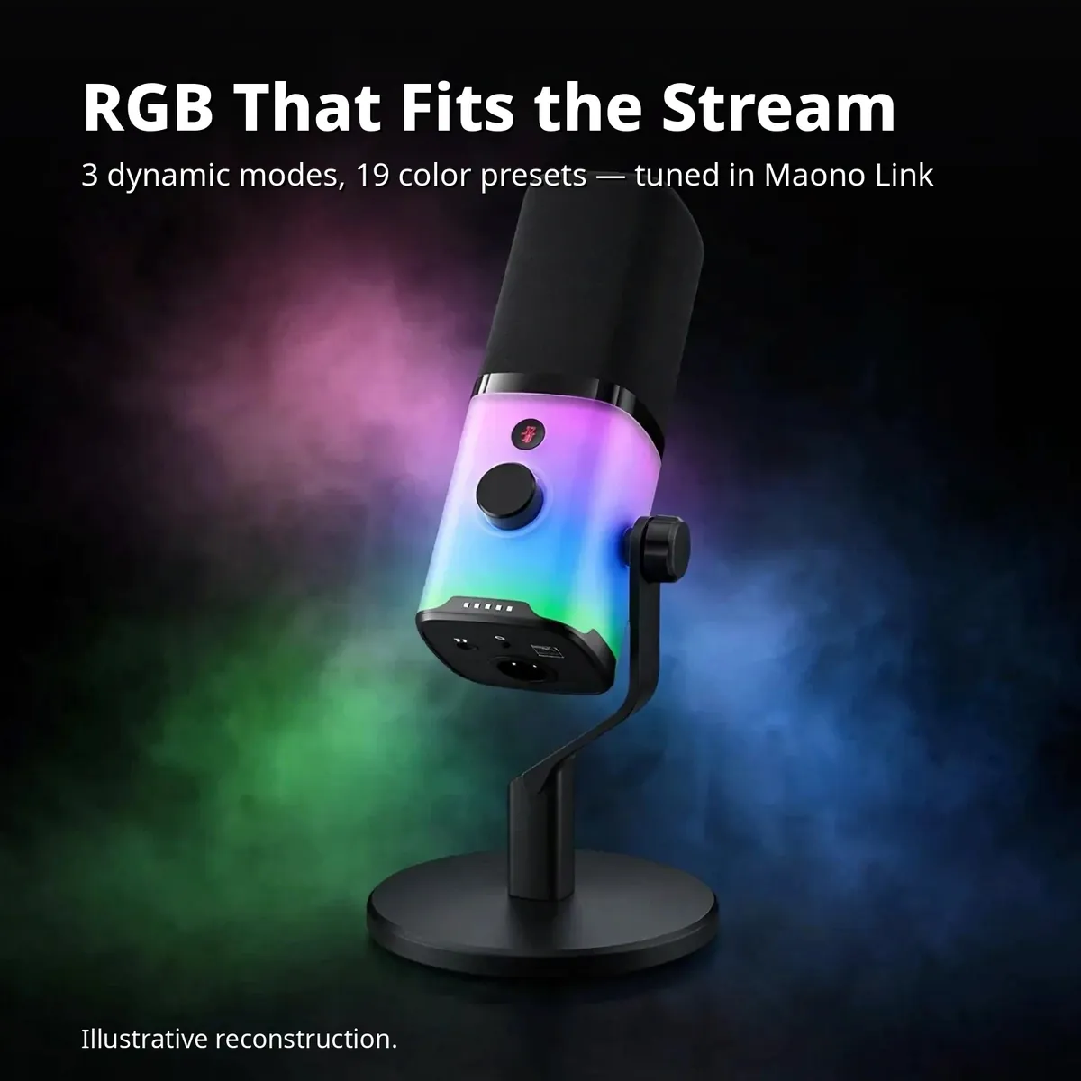 MAONO PD100X infographic showing the glowing RGB light band — RGB That Fits the Stream. 3 dynamic modes, 19 color presets — tuned in Maono Link