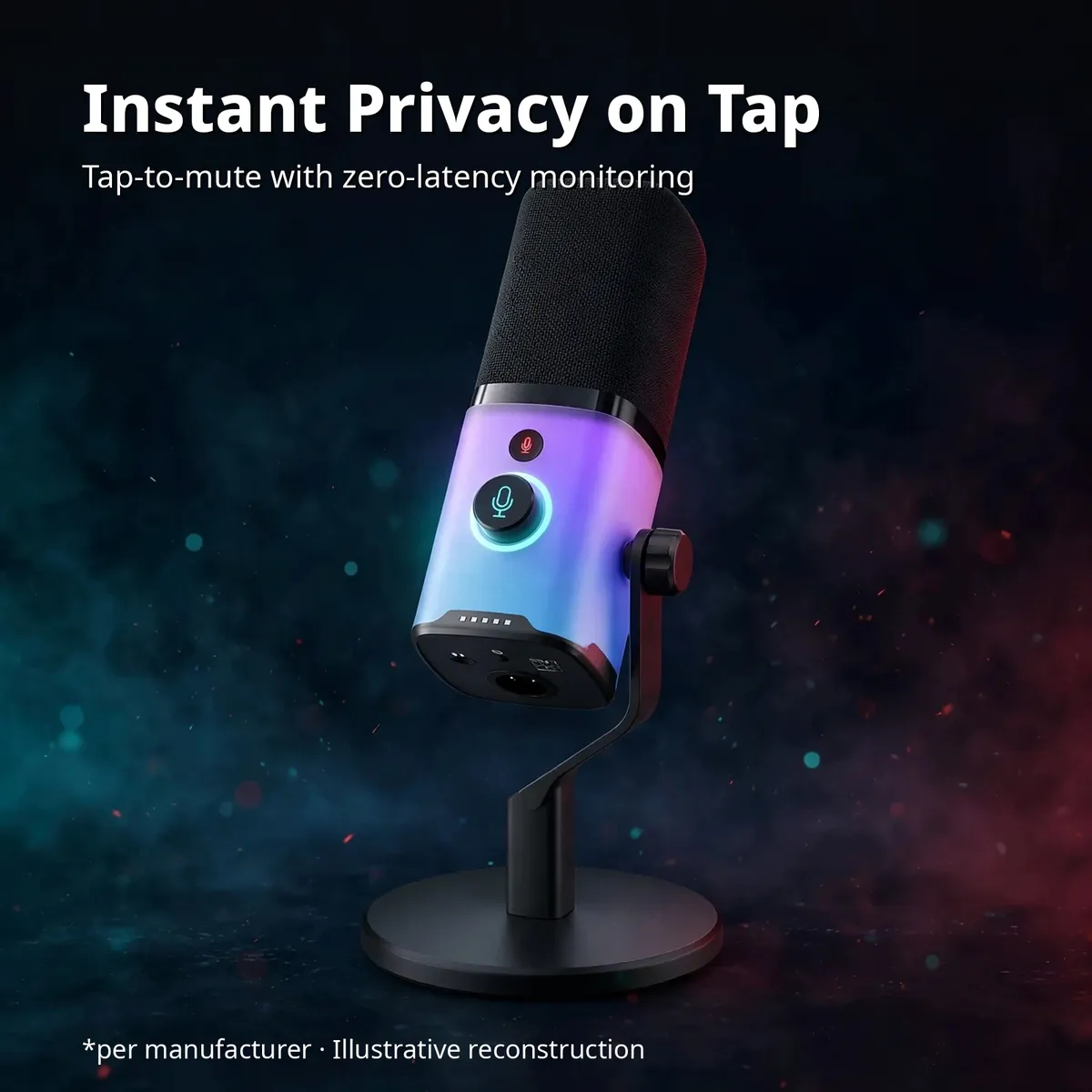 MAONO PD100X x-ray style view showing the glowing microphone — Instant Privacy on Tap. Tap-to-mute with zero-latency monitoring