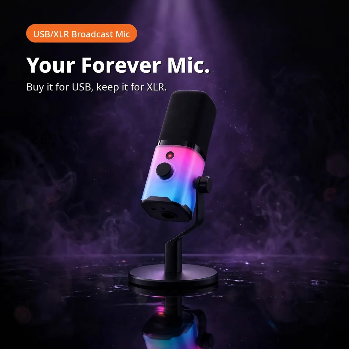 MAONO PD100X promo hero showing the glowing RGB microphone under a spotlight — Your Forever Mic. Buy it for USB, keep it for XLR.
