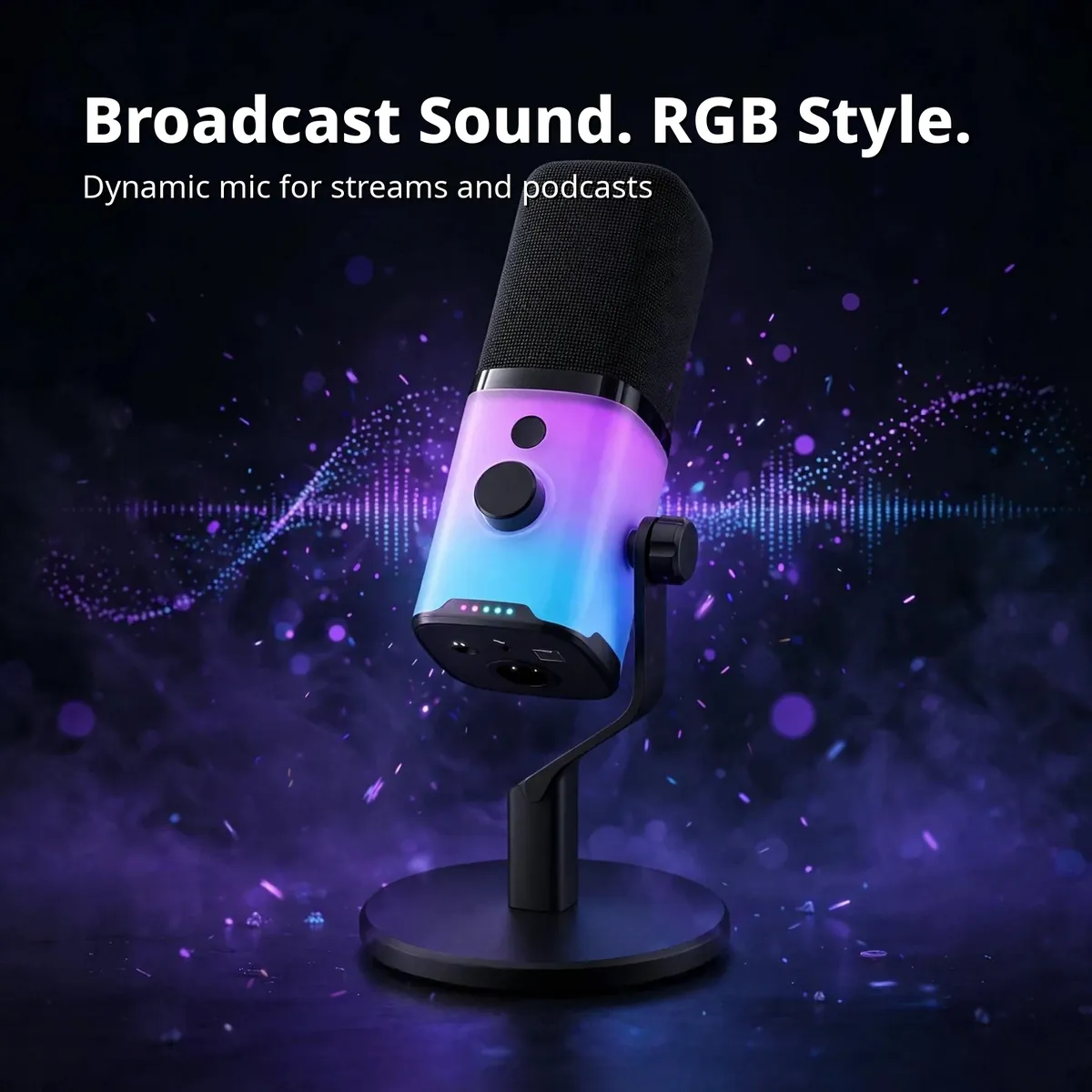 MAONO PD100X promo showing the glowing RGB microphone with sound waves — Broadcast Sound. RGB Style. Dynamic mic for streams and podcasts