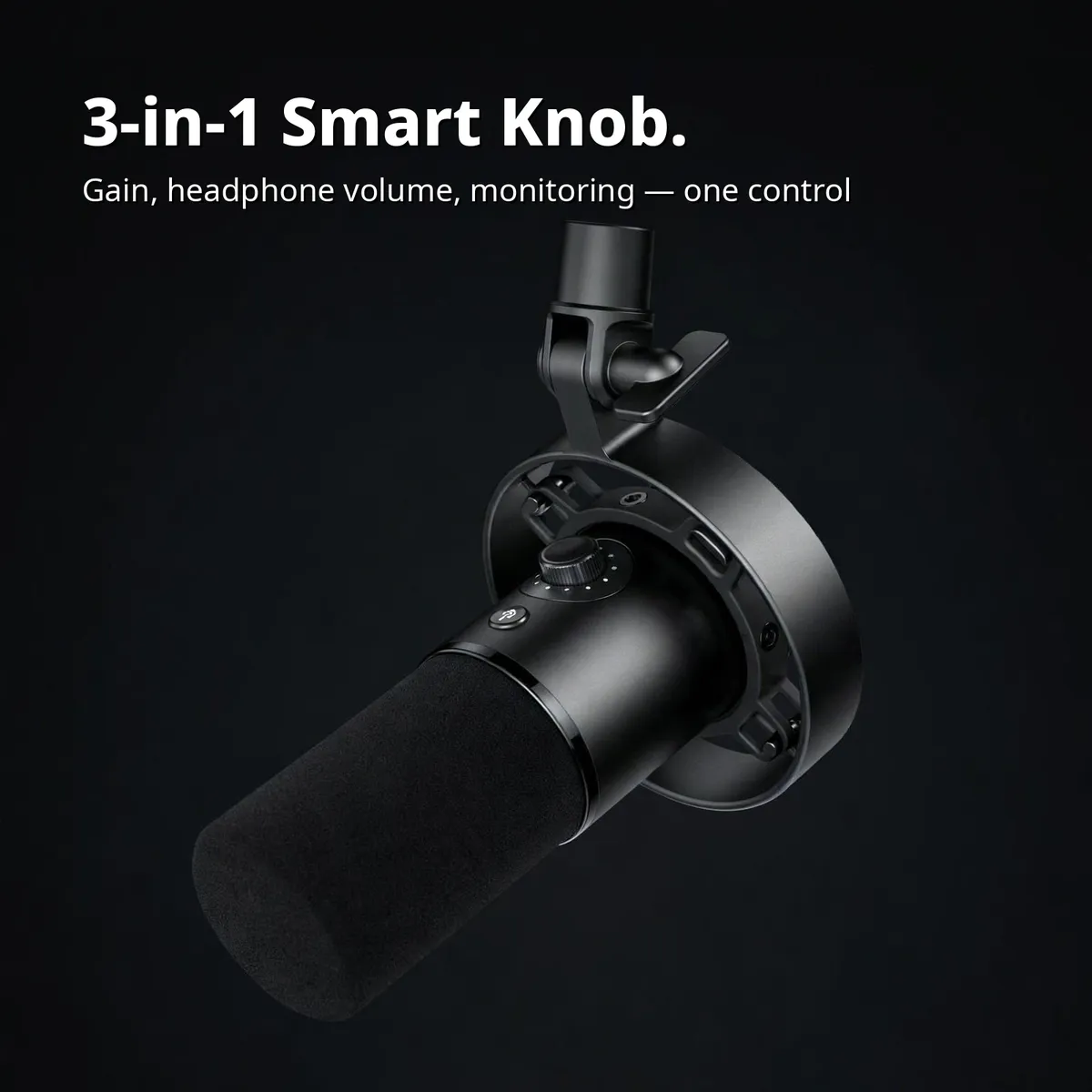 MAONO PD300X feature card showing the black dynamic microphone in its shock mount — 3-in-1 Smart Knob. Gain, headphone volume, monitoring — one control on a dark studio backdrop