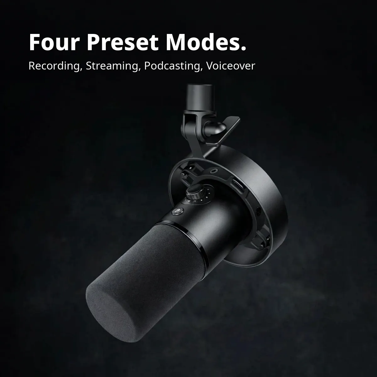 MAONO PD300X feature card showing the black dynamic microphone in its shock mount — Four Preset Modes. Recording, Streaming, Podcasting, Voiceover