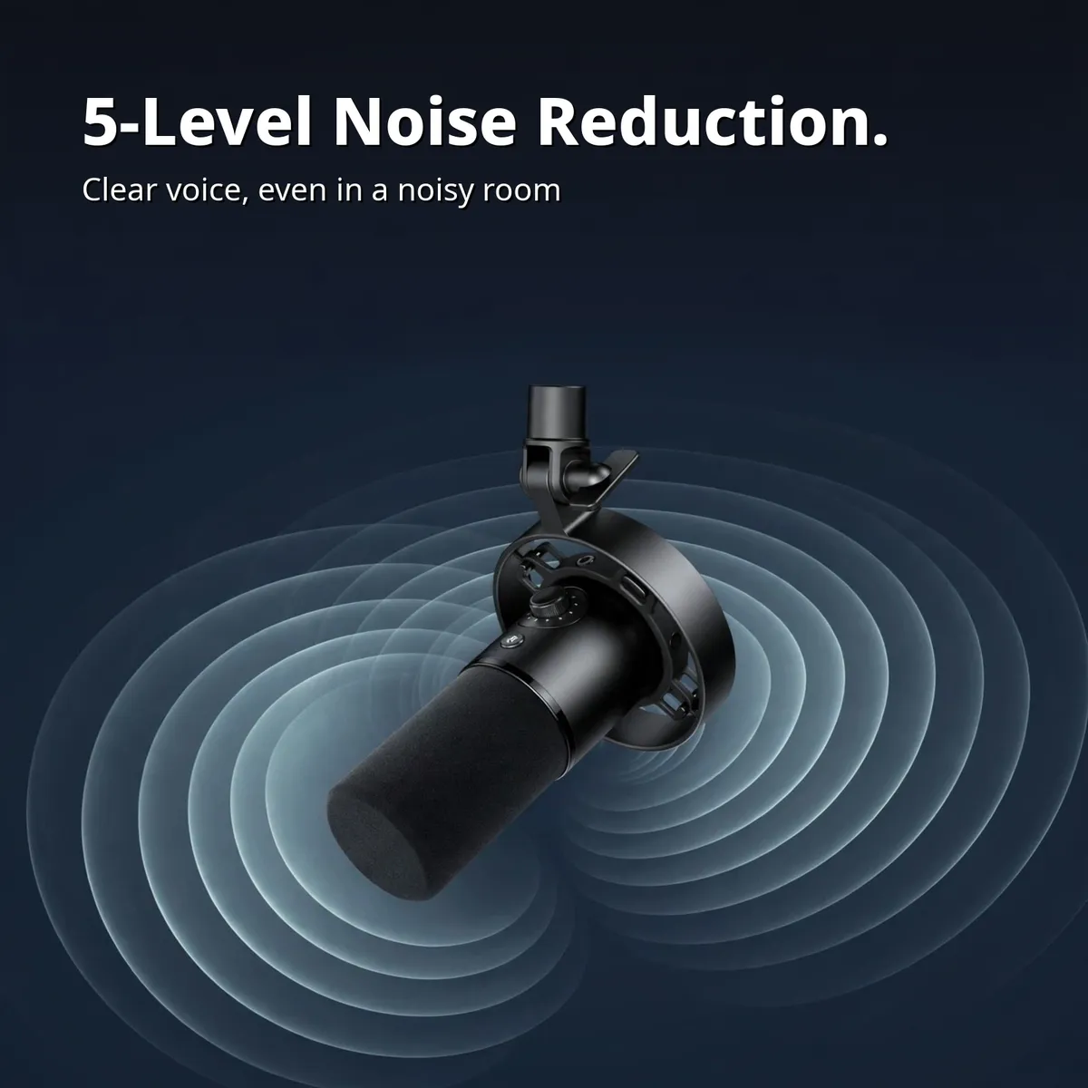 MAONO PD300X feature card showing the microphone in expanding sound waves — 5-Level Noise Reduction. Clear voice, even in a noisy room