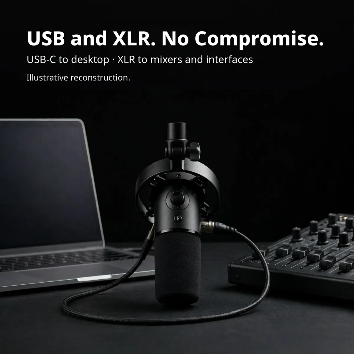 MAONO PD300X connection infographic showing the microphone between a laptop and a mixer — USB and XLR. No Compromise. USB-C to desktop · XLR to mixers and interfaces
