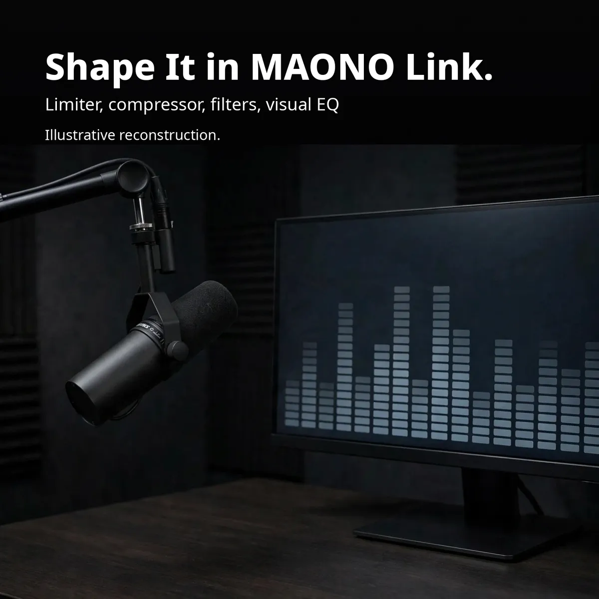 MAONO PD300X software infographic showing the microphone on a boom arm beside an EQ monitor — Shape It in MAONO Link. Limiter, compressor, filters, visual EQ