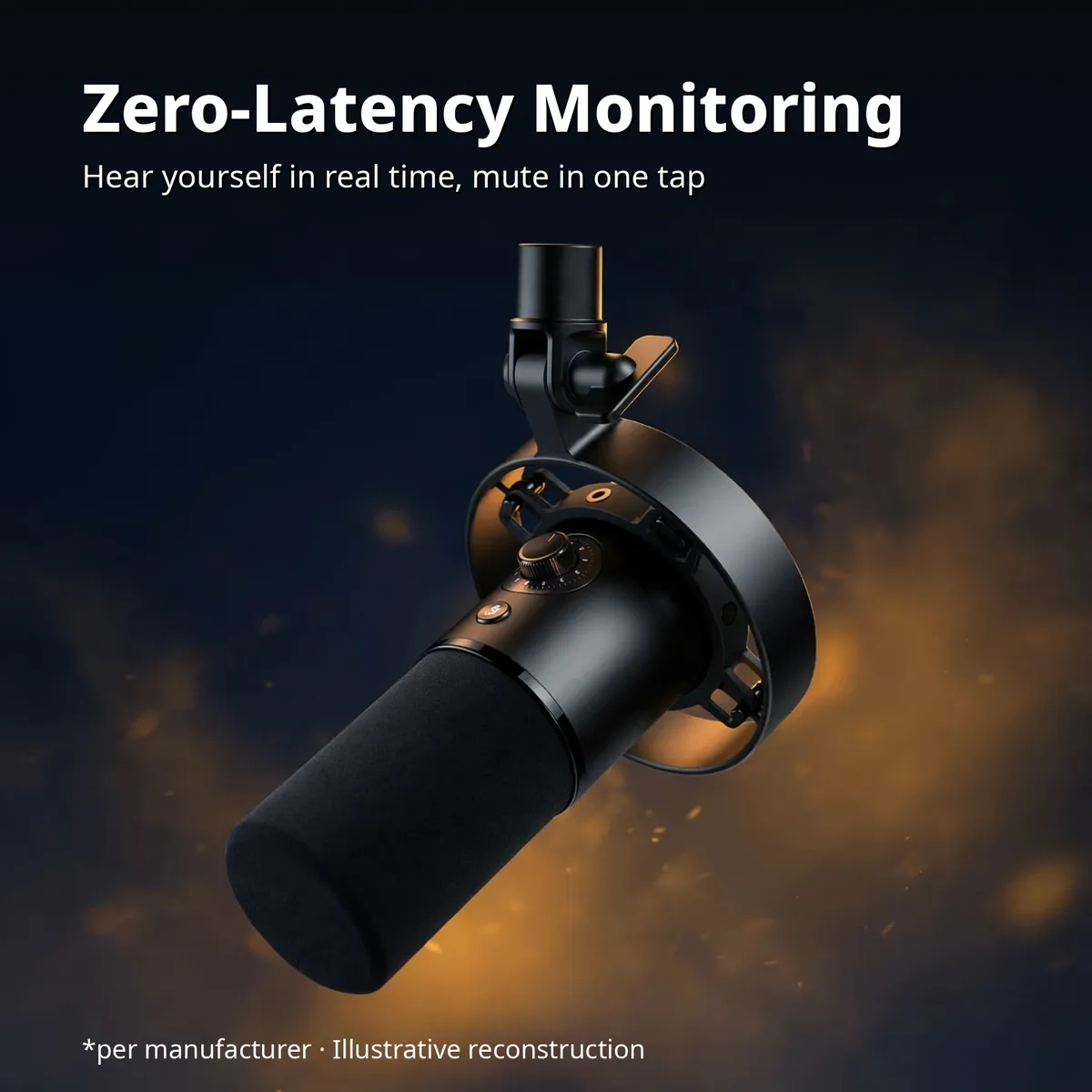 MAONO PD300X x-ray style view showing the microphone with a warm glow — Zero-Latency Monitoring. Hear yourself in real time, mute in one tap